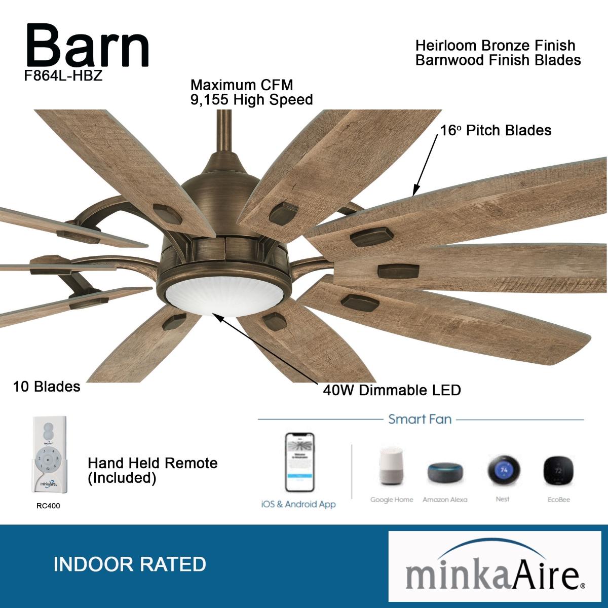 Barn 65" LED Smart Ceiling Fan with Remote, Heirloom Bronze - Bees Lighting