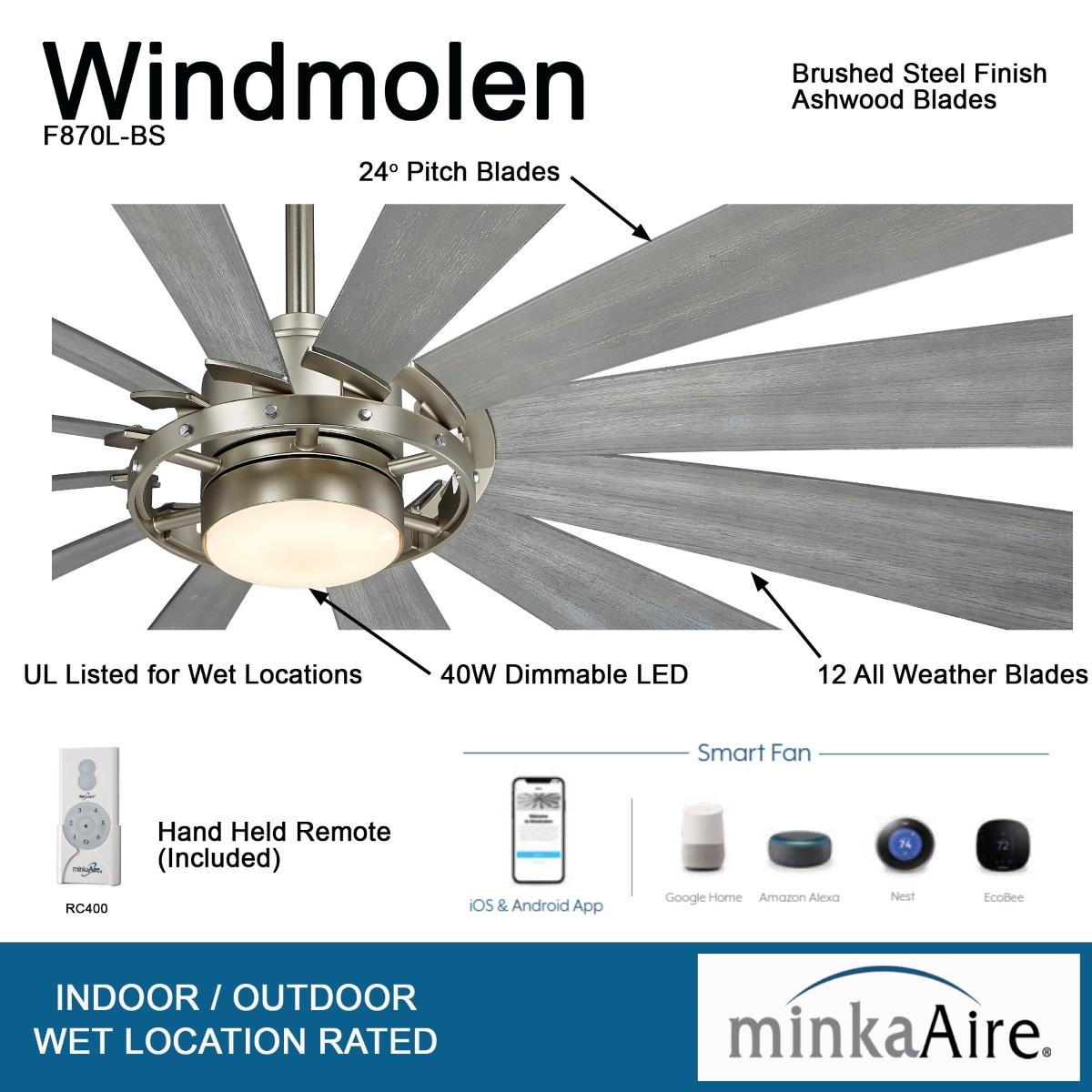Windmolen LED 65" Wet Rated Smart Ceiling Fan, Brushed Steel - Bees Lighting