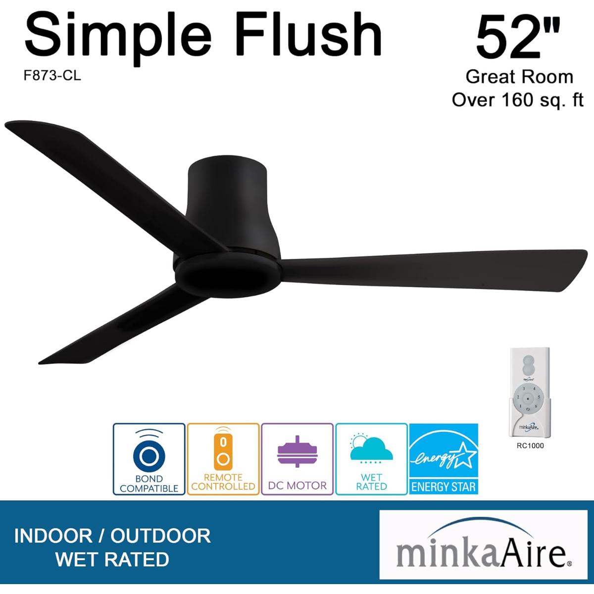 Simple Flush 52" Black Coal Outdoor Ceiling Fan with Remote - Bees Lighting
