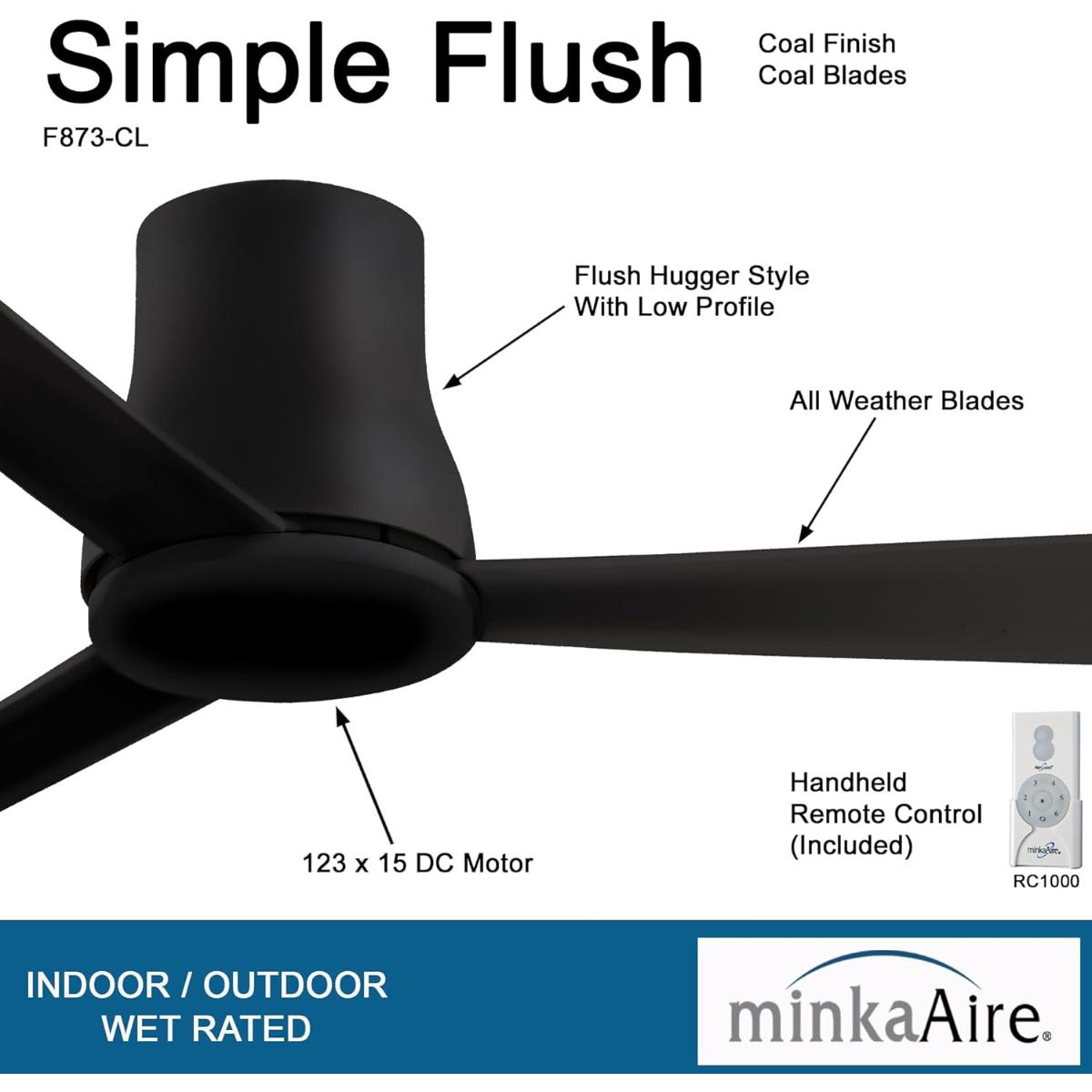 Simple Flush 52" Black Coal Outdoor Ceiling Fan with Remote - Bees Lighting