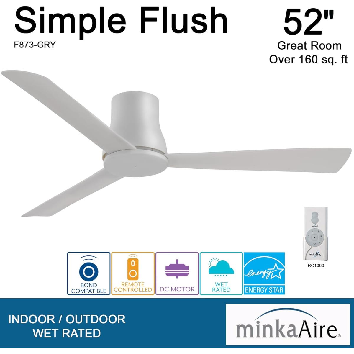 Simple Flush 52" Gray Outdoor Ceiling Fan with Remote - Bees Lighting