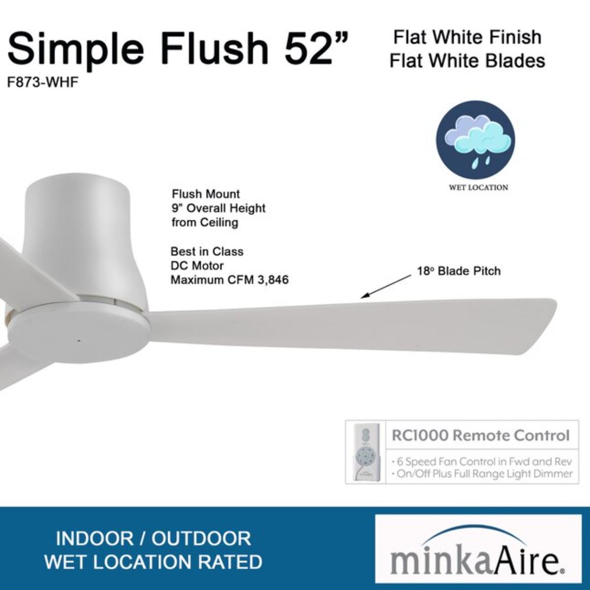 Simple Flush 52" White Outdoor Ceiling Fan with Remote