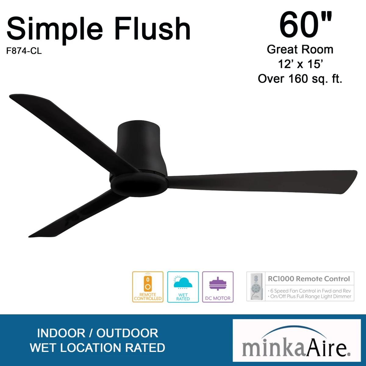 Simple Flush 60" Black Coal Wet Rated Ceiling Fan with Remote - Bees Lighting