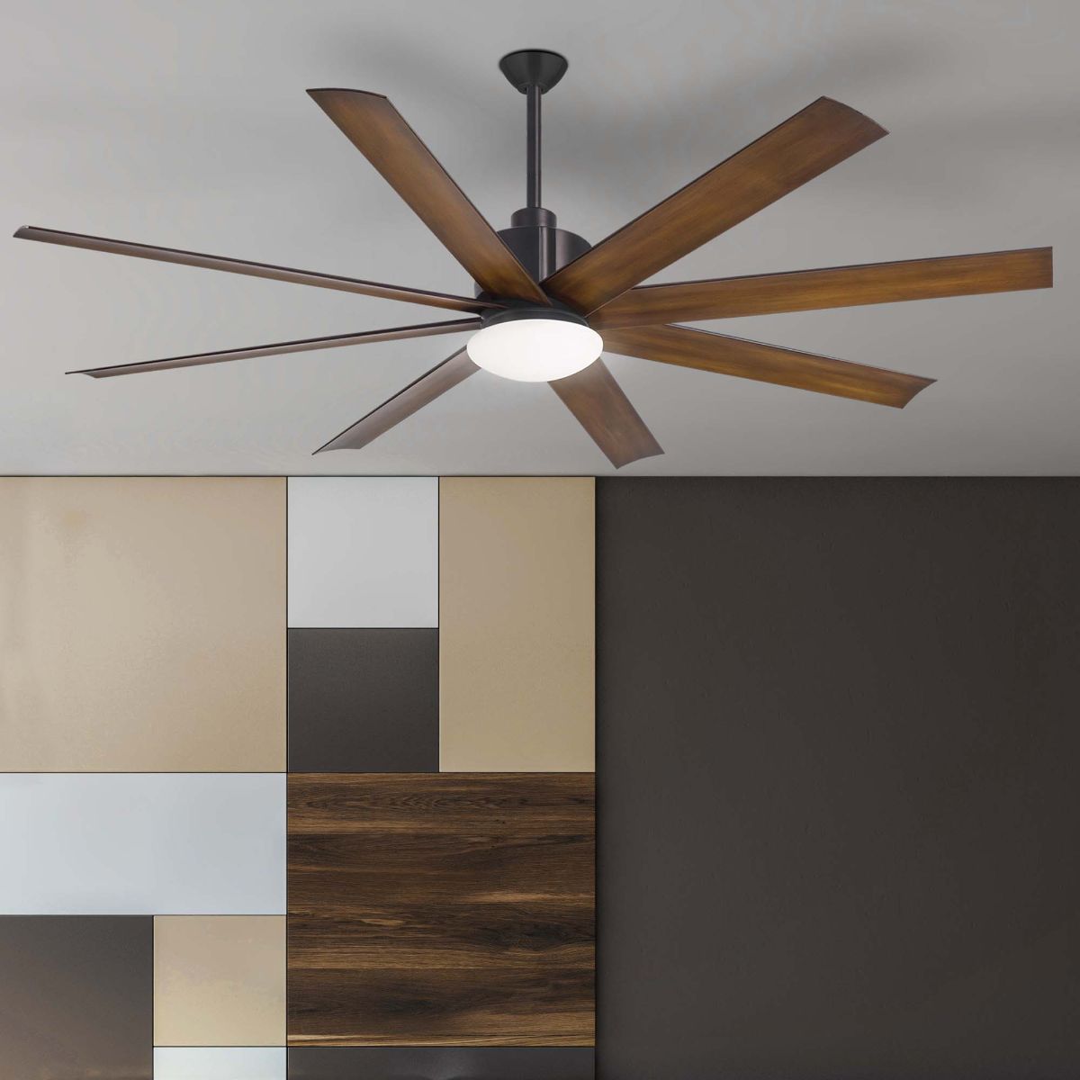 Slipstream LED 65" Large Outdoor Ceiling Fan, Black Coal with Distressed Koa Blades - Bees Lighting