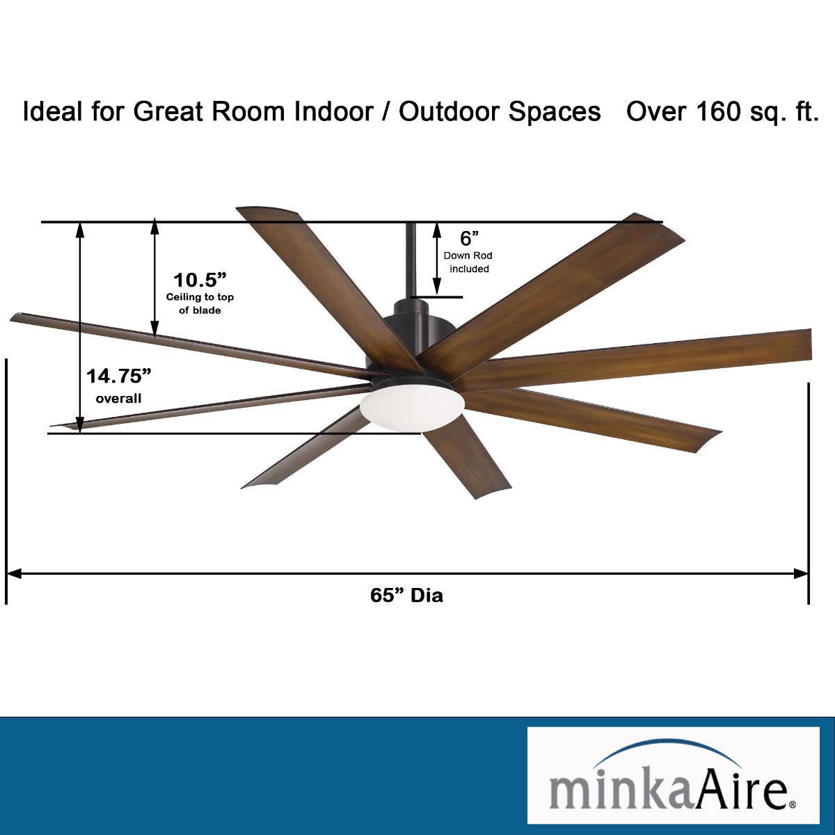 Slipstream LED 65" Large Outdoor Ceiling Fan, Black Coal with Distressed Koa Blades - Bees Lighting