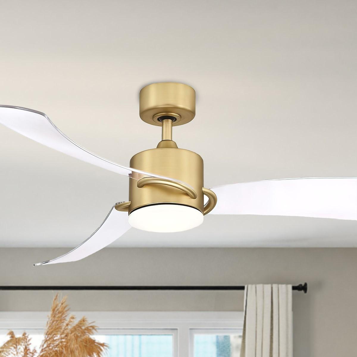 SculptAire 52 Inch Brushed Brass Modern LED Ceiling Fan with Remote, Clear Blades - Bees Lighting