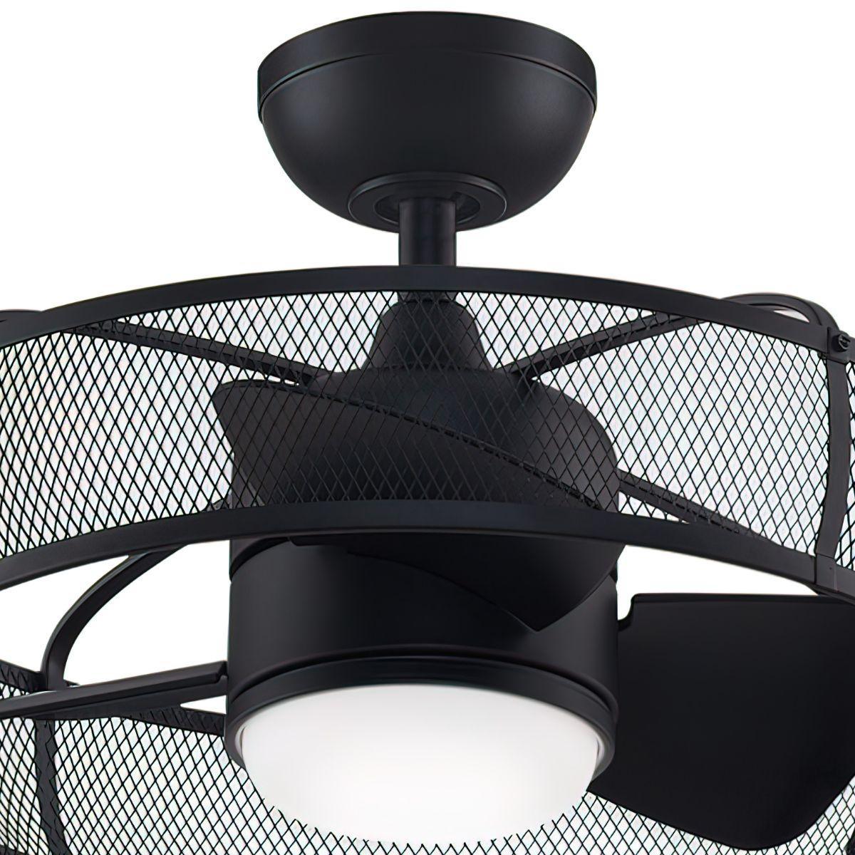 Henry 20 Inch Black Damp Rated Cage Chandelier Ceiling Fan with Light and Remote - Bees Lighting