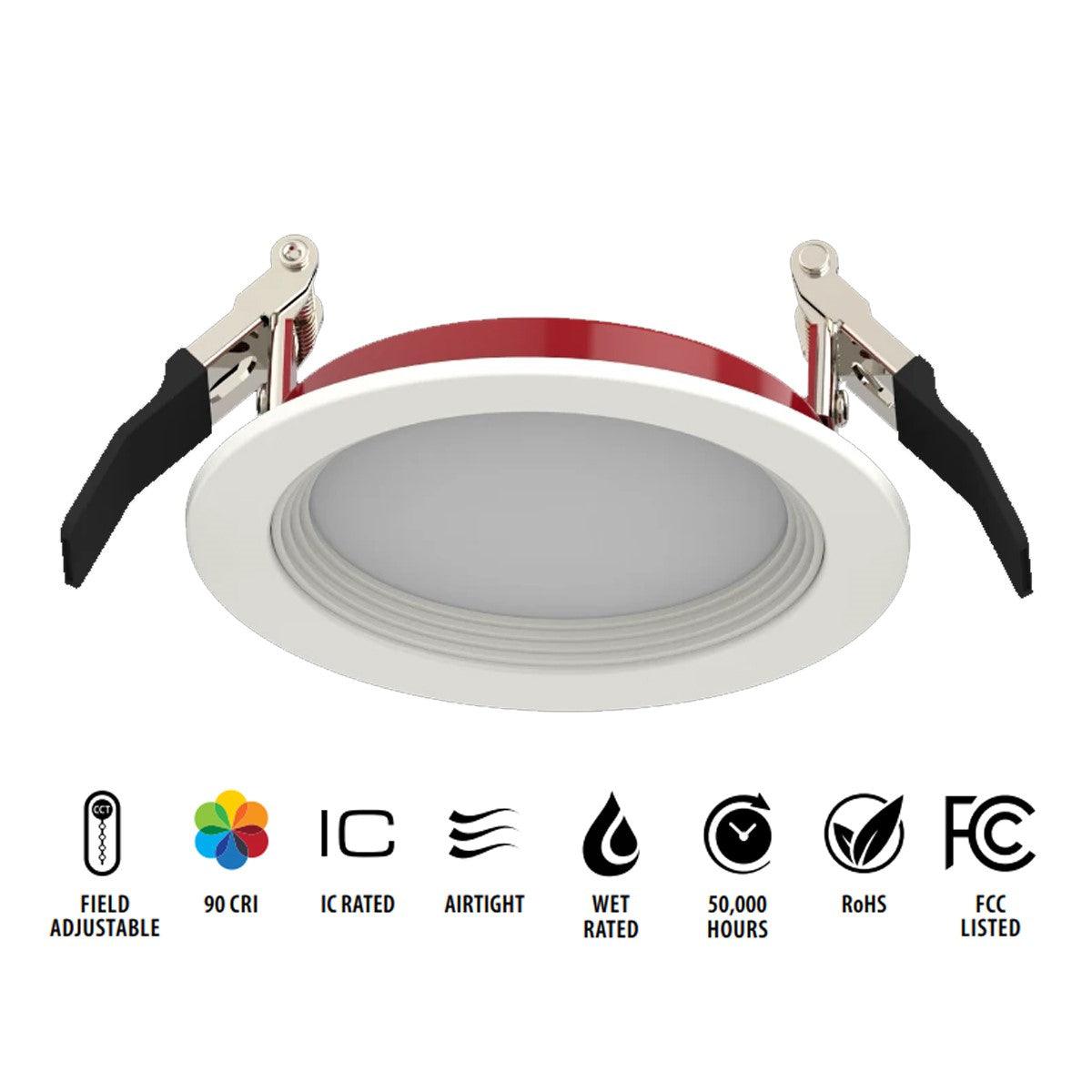 4 In. Fire Rated Wafer Baffle Canless LED Downlight, 11 Watt, 1000 Lumens, Selectable CCT, 2700K to 5000K