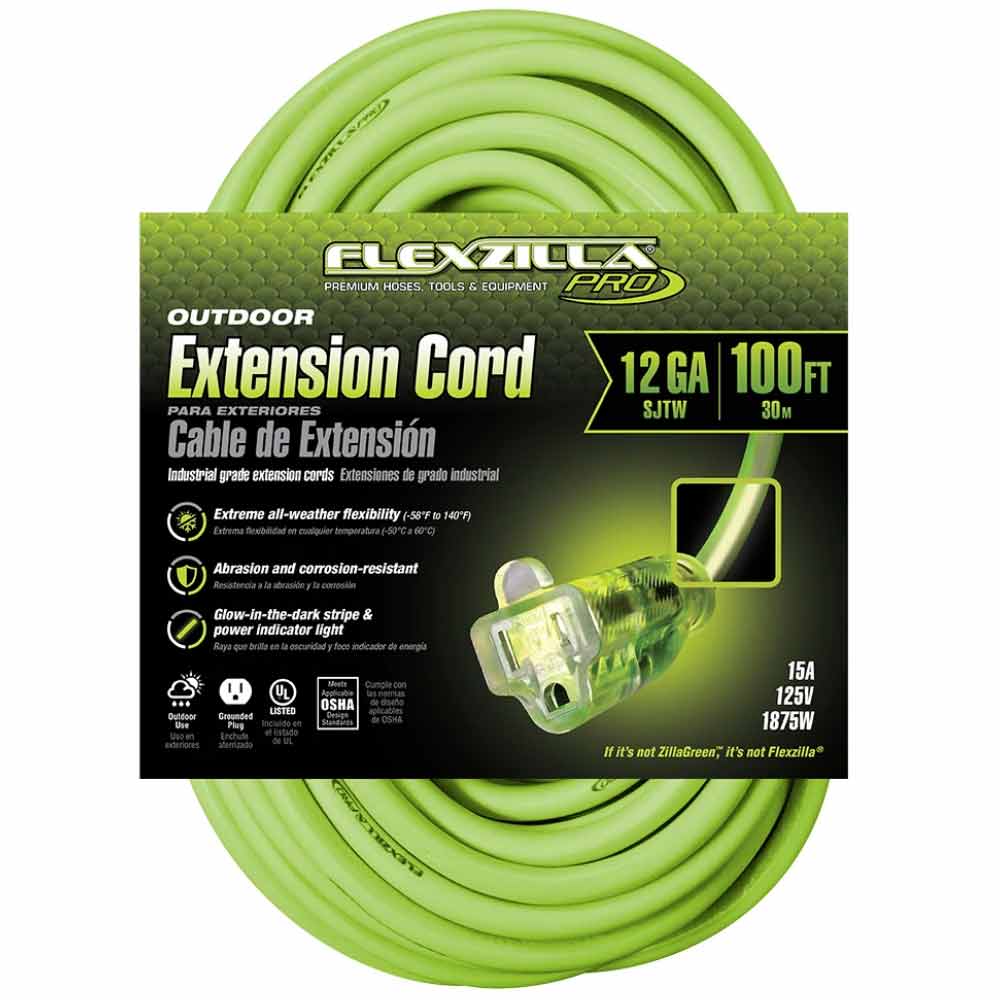 100 ft. Outdoor Heavy Duty Flexzilla Pro Extension Cord 12/3 Gauge SJTW Green - Bees Lighting