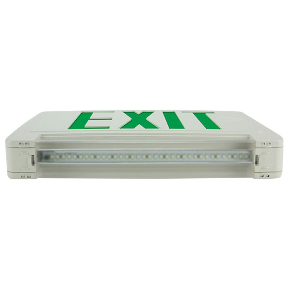 LED Combo Exit Sign, Double Face with Green Letters, White Finish, Battery Backup Included