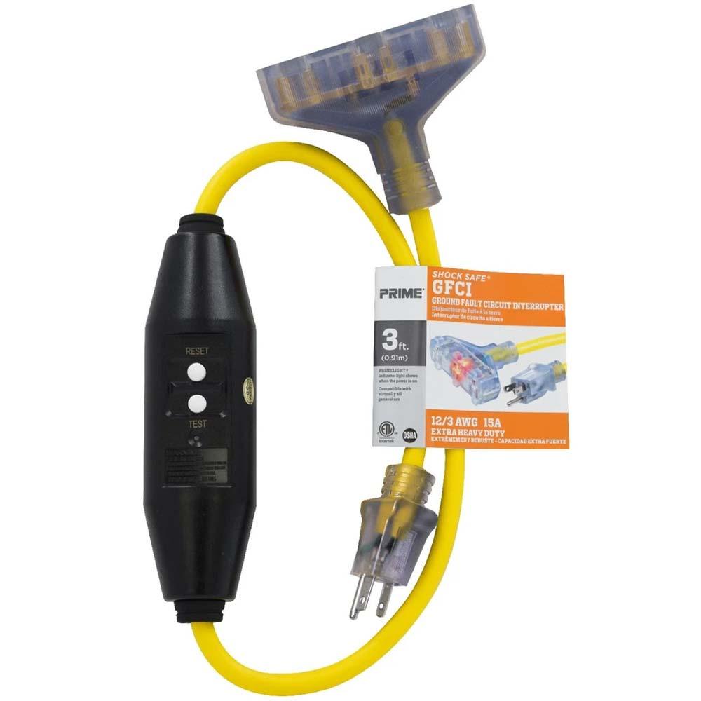 3 Feet Cord GFCI Adapter 12/3 Wire Gauge 15A 1875 Watts Yellow - Bees Lighting