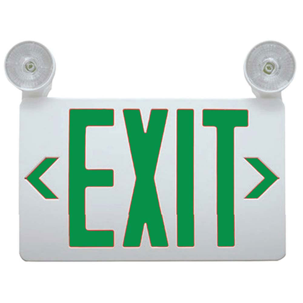 LED Combo Exit Sign, Universal Face with Green Letters, White Finish, Battery Backup Included