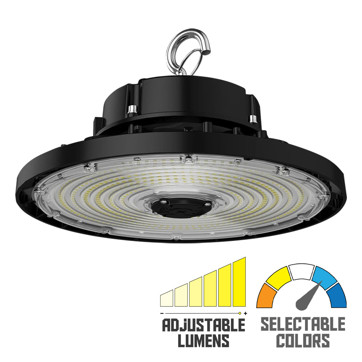 High Bay UFO LED Light, 37000 Lumens, 150/200/240W, 30K/40K/50K, 120/277V, Black - Bees Lighting