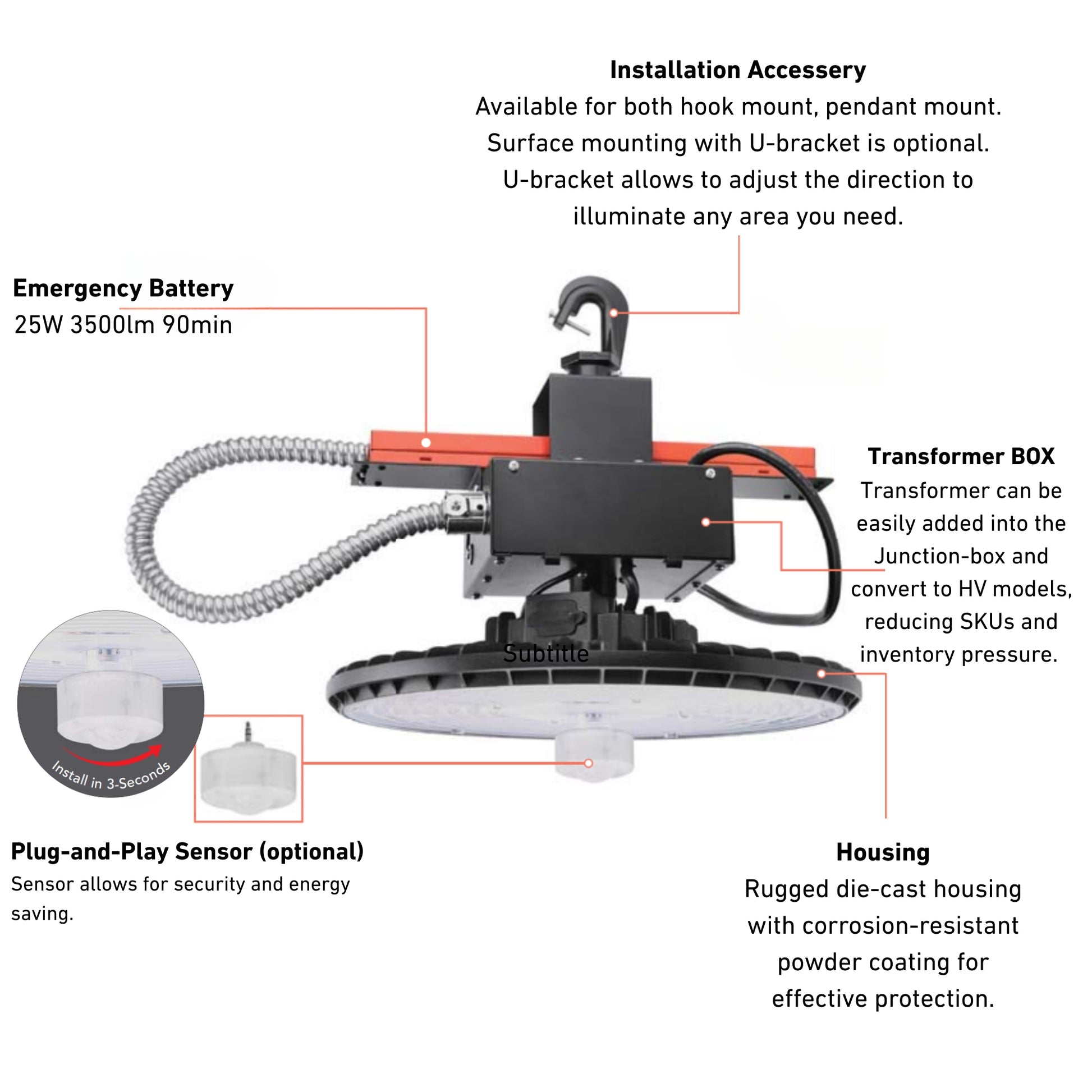 UFO High Bay Light, 240W, 36000 Lumens, 4000K/5000K, Black, 120-277V - Bees Lighting
