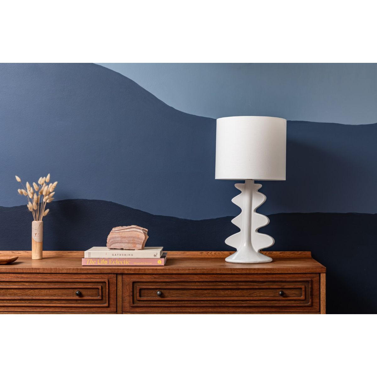 Liwa Table Lamp Ceramic Gloss White with Aged Brass Accents - Bees Lighting