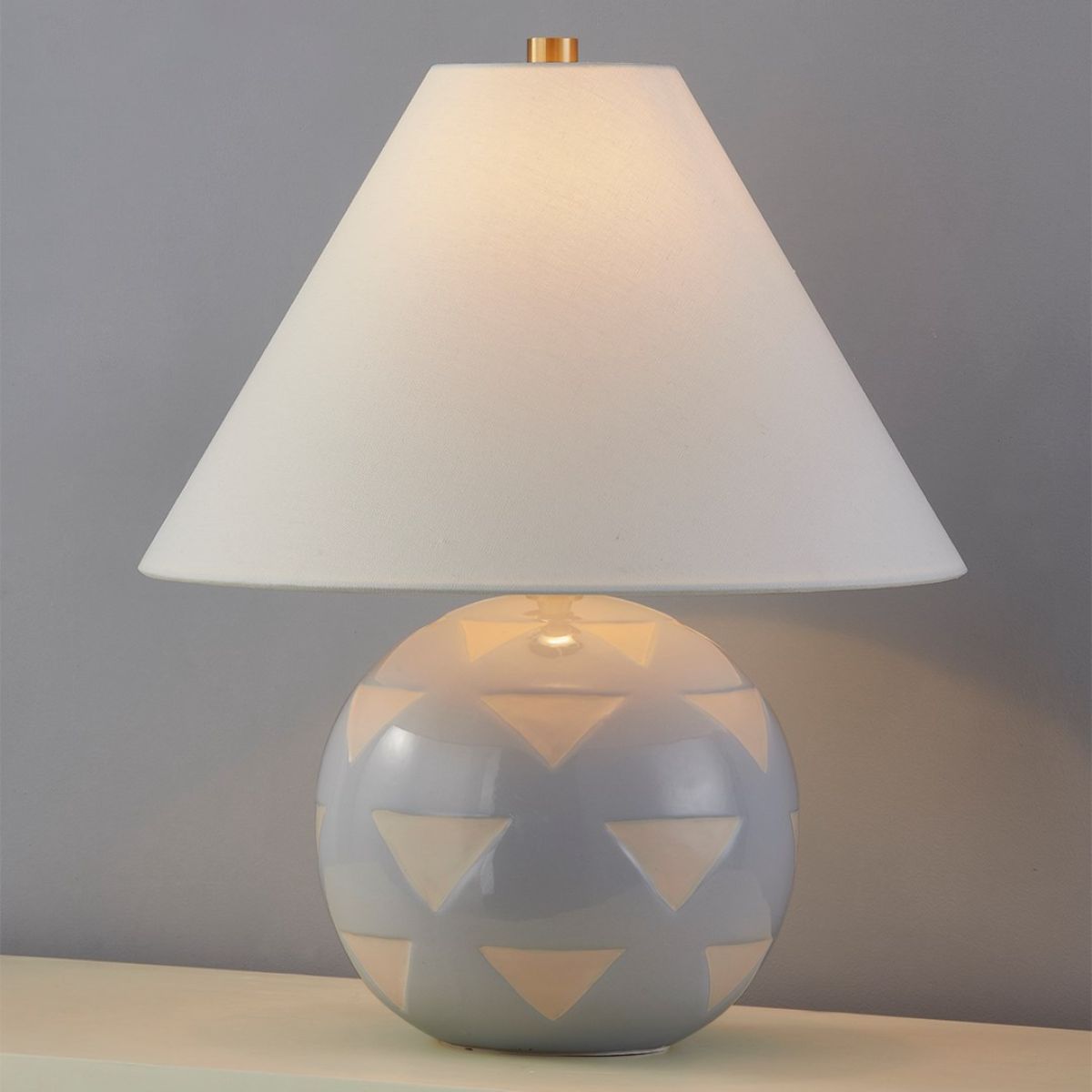 Minnie Round Table Lamp Ceramic Blue Geometric Pattern with Aged Brass Accents