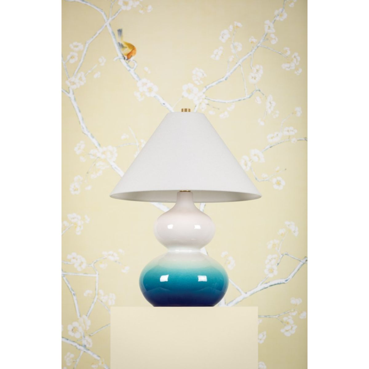Aimee Table Lamp Ceramic Blue Ombre with Aged Brass Accents - Bees Lighting
