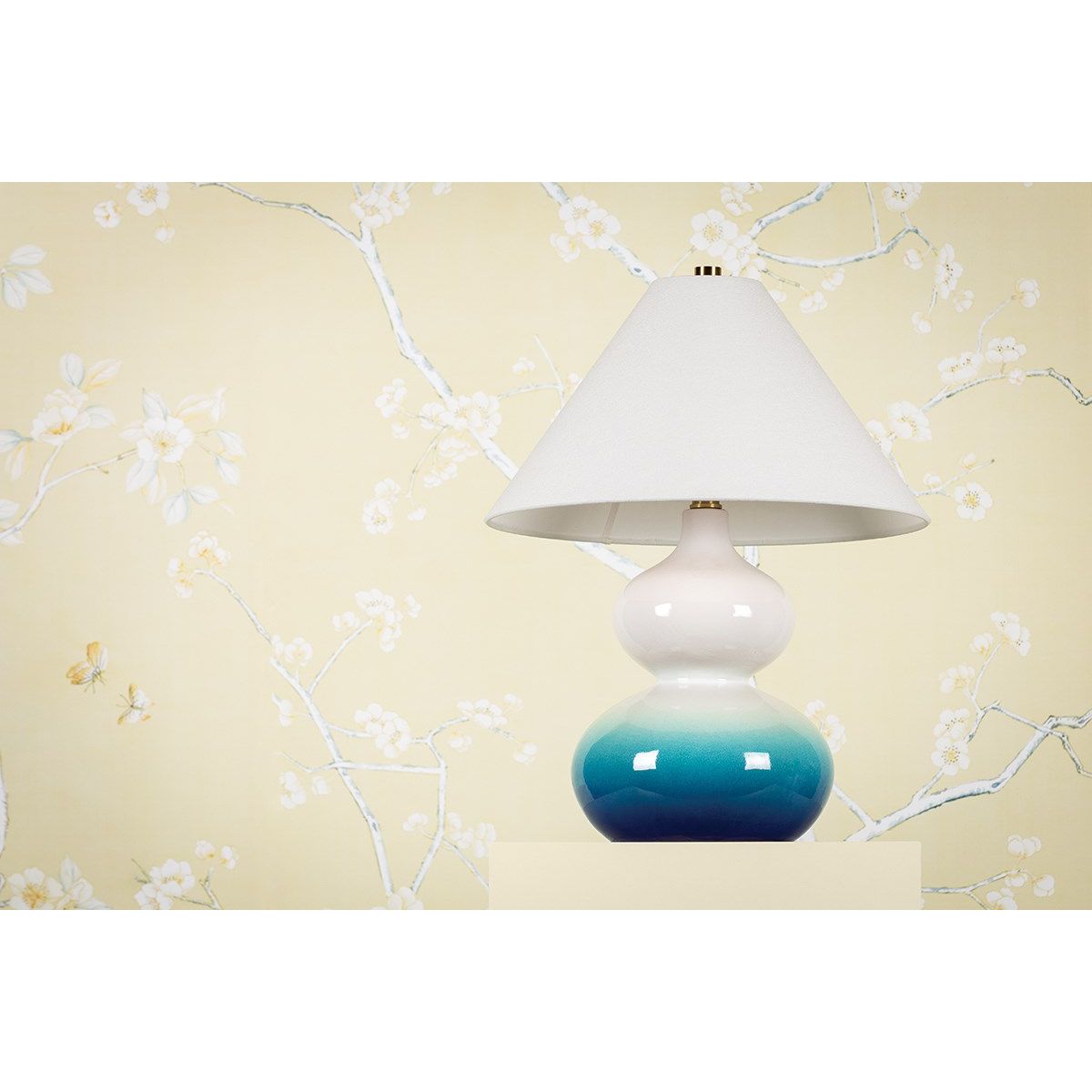 Aimee Table Lamp Ceramic Blue Ombre with Aged Brass Accents - Bees Lighting