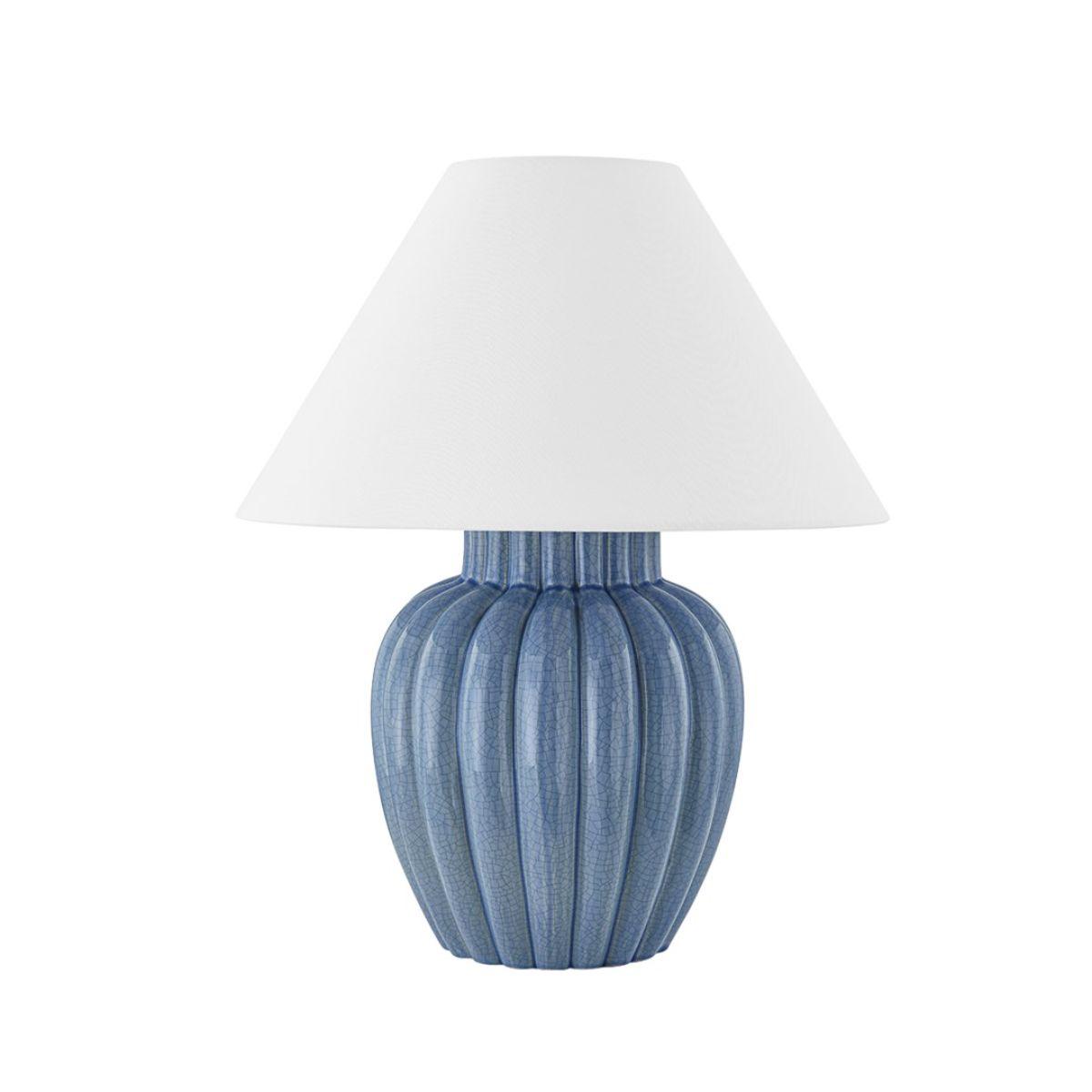 Clarendon Table Lamp Ceramic Ariel Okin Blue with Aged Brass Accents - Bees Lighting