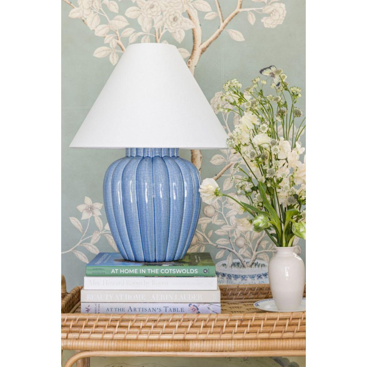 Clarendon Table Lamp Ceramic Ariel Okin Blue with Aged Brass Accents - Bees Lighting