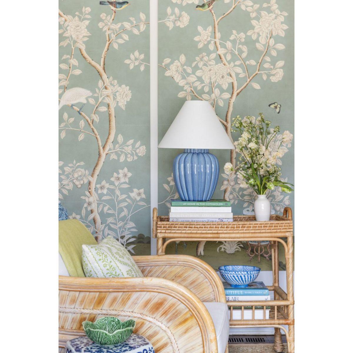 Clarendon Table Lamp Ceramic Ariel Okin Blue with Aged Brass Accents - Bees Lighting