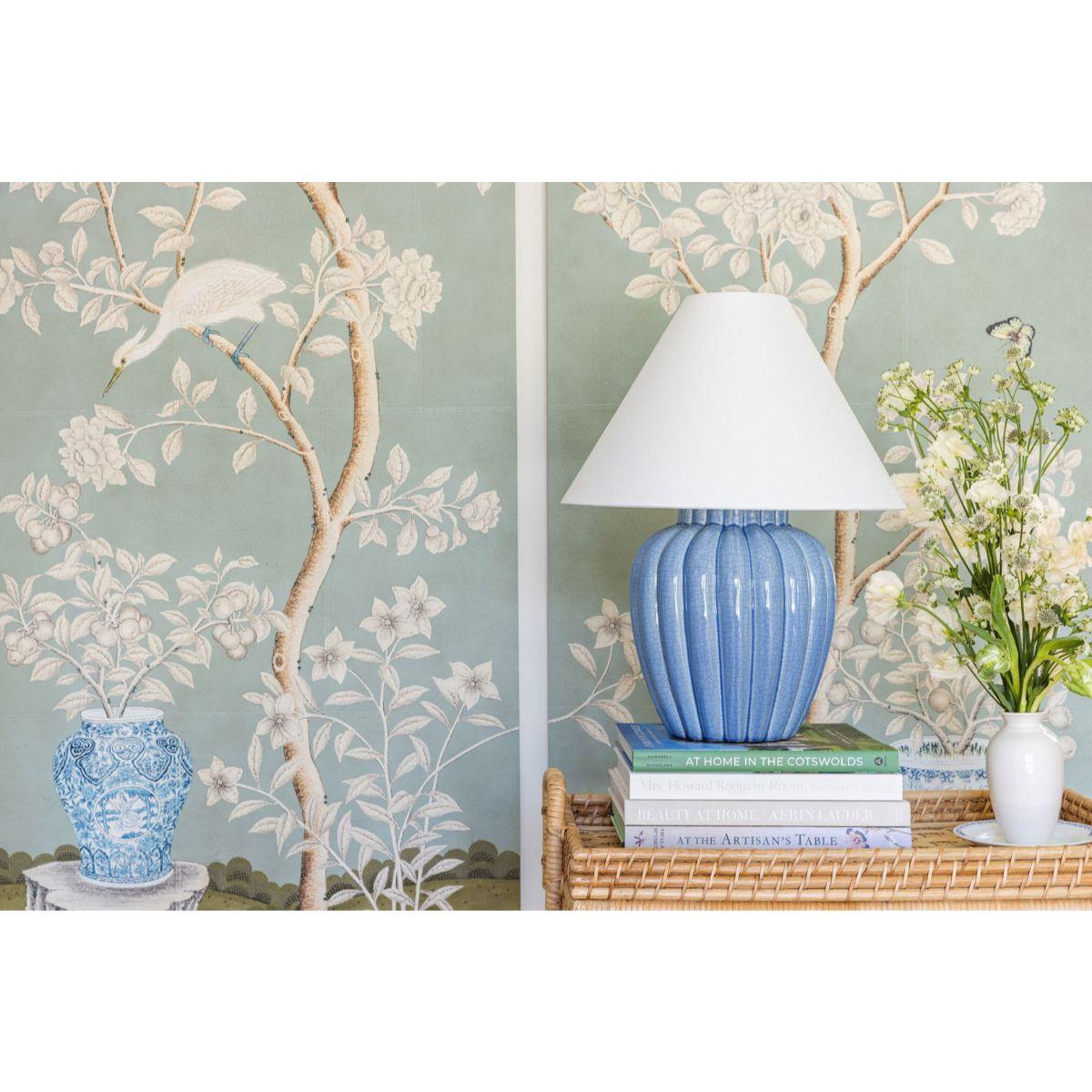 Clarendon Table Lamp Ceramic Ariel Okin Blue with Aged Brass Accents - Bees Lighting