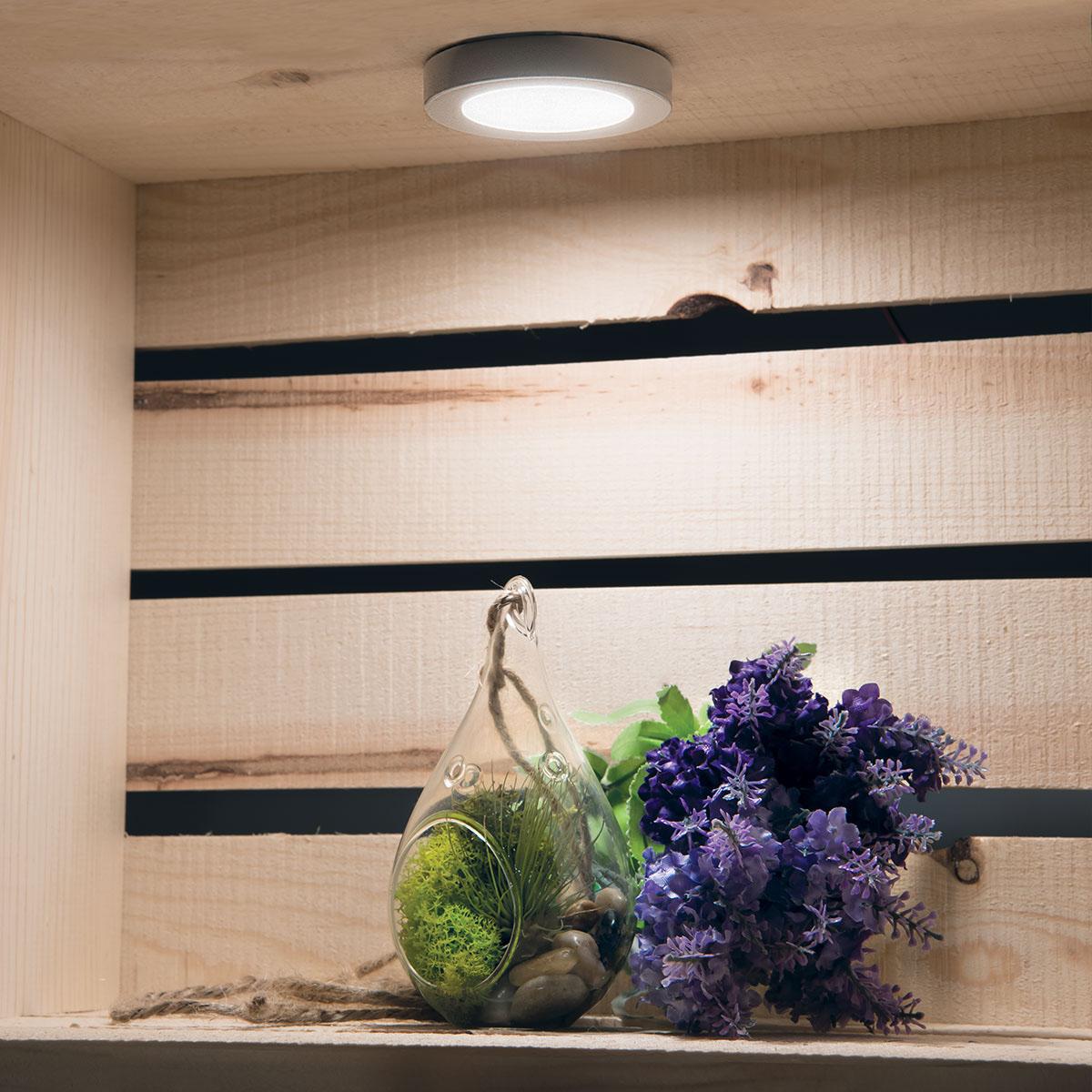 120V 3-CCT LED Puck Light With Plug Cord, Brushed Nickel - Bees Lighting