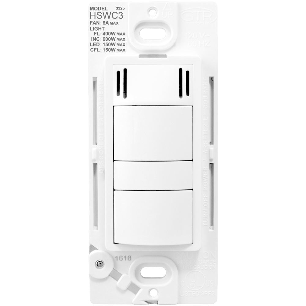 Humidity Sensor Fan Control with Light Switch 6A, 120V, White