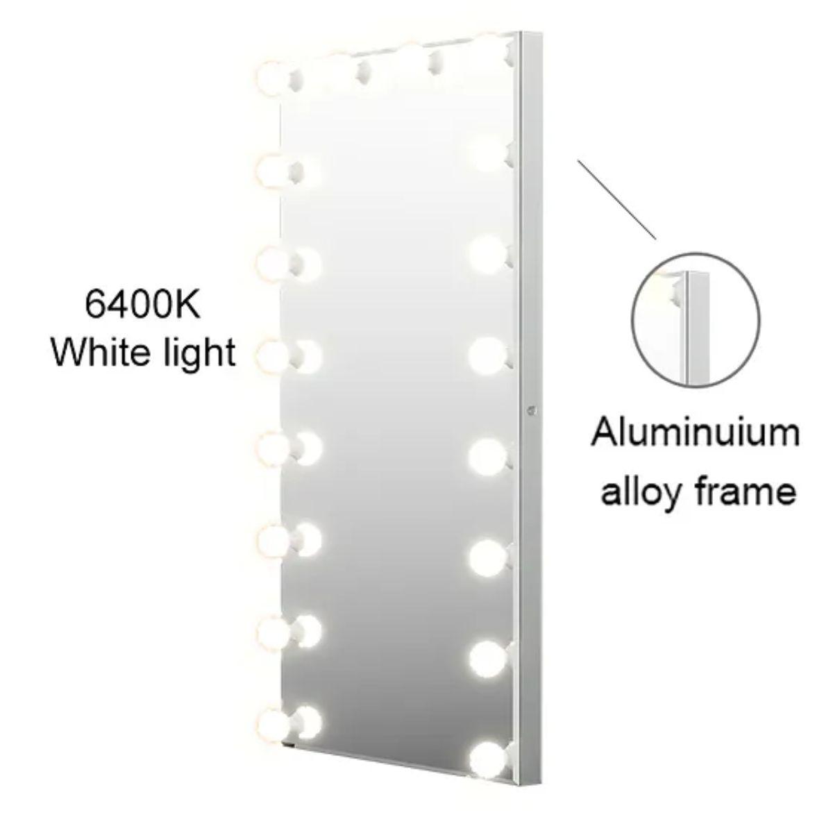 Hollywood 70 In. X 28 In. Tri-Color 12 LED Bulbs Make Up Mirror With White Frame And Touch On/Off Dimmer Function