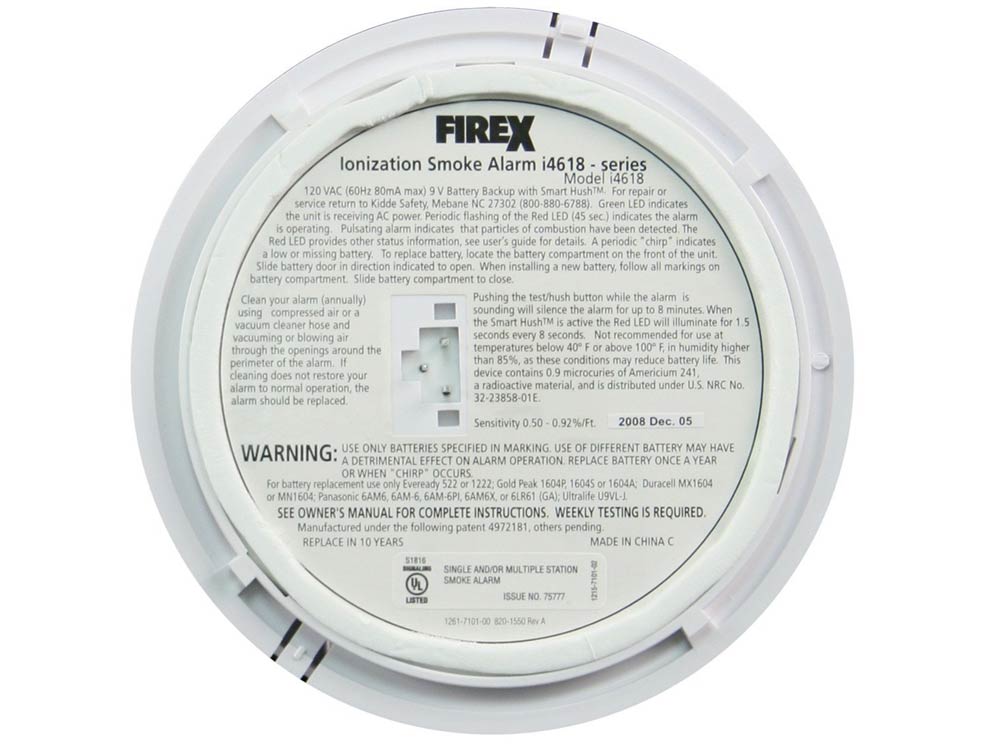 Firex I4618 Smoke Detector Ionization Sensor Hardwired with 9V Battery
