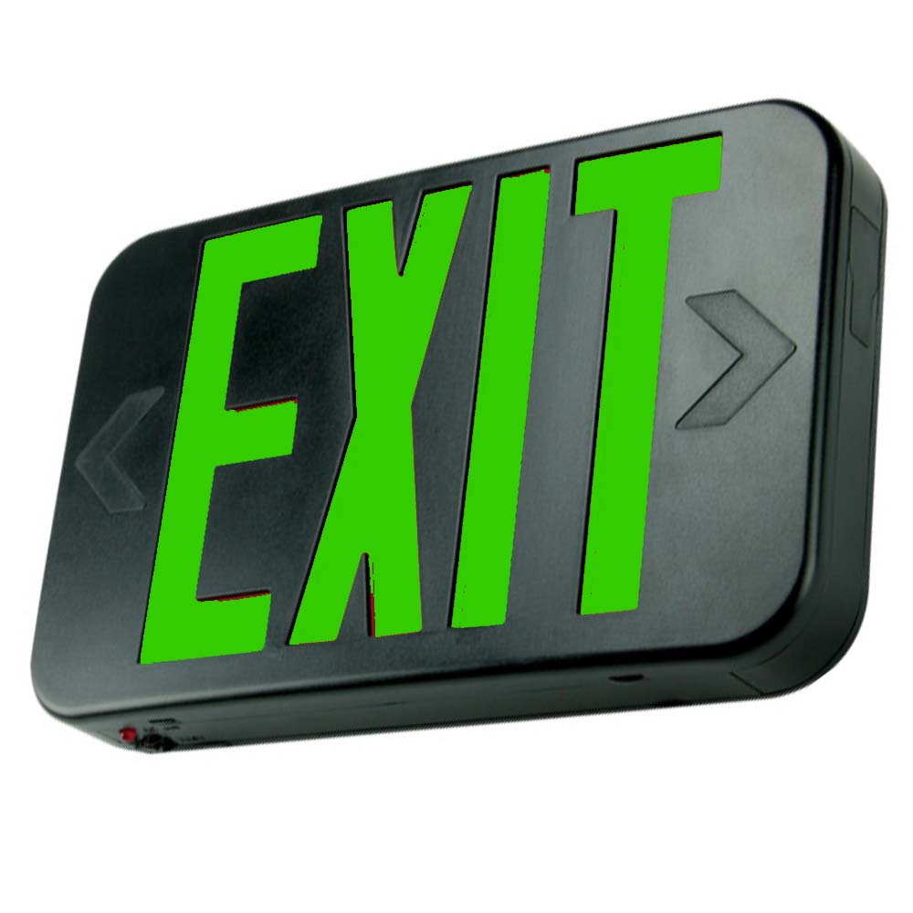 LED Exit Sign, Double Face with Green Letters, Black Finish, Battery Backup Included