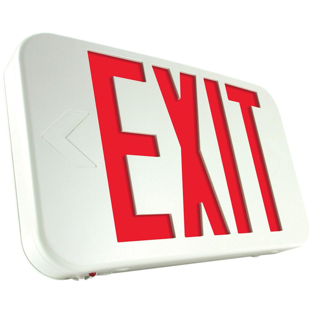 LED Exit Sign, Double Face with Red Letters, White Finish, Battery Backup Included