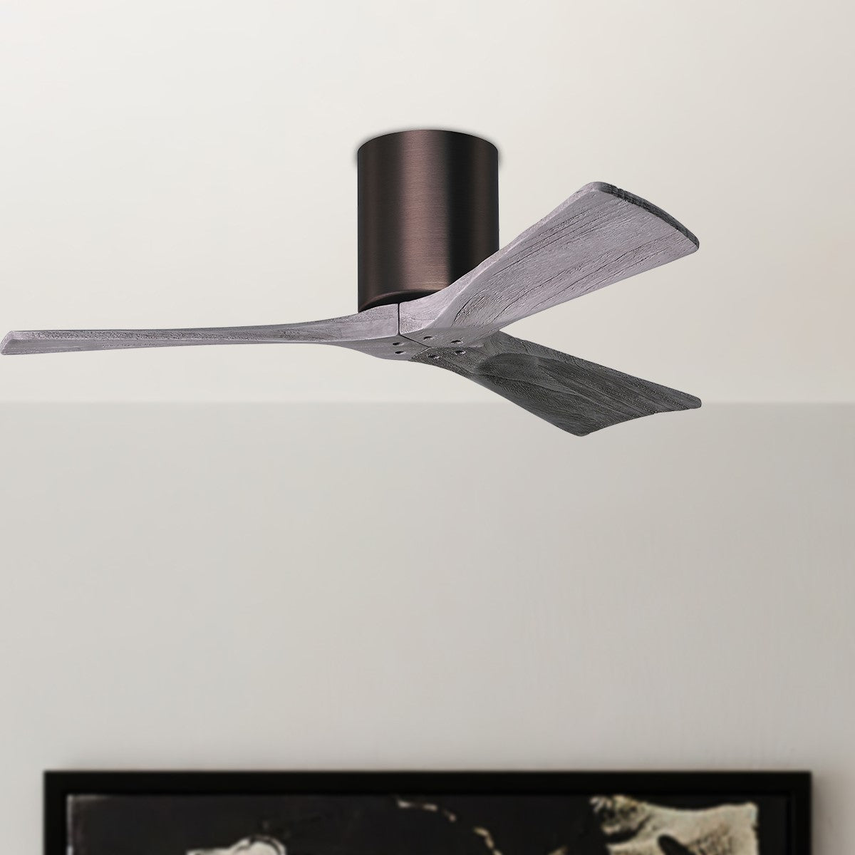 Irene 3-Blade 42 Inch Hugger Ceiling Fan with Remote, Brushed Bronze with Barnwood Blades - Bees Lighting