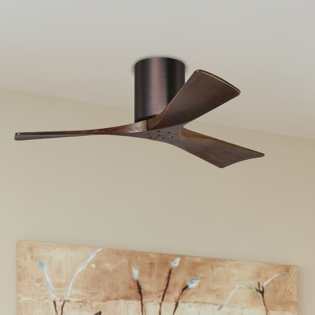 Irene 3-Blade 42 Inch Hugger Ceiling Fan with Remote, Brushed Bronze with Walnut Blades - Bees Lighting