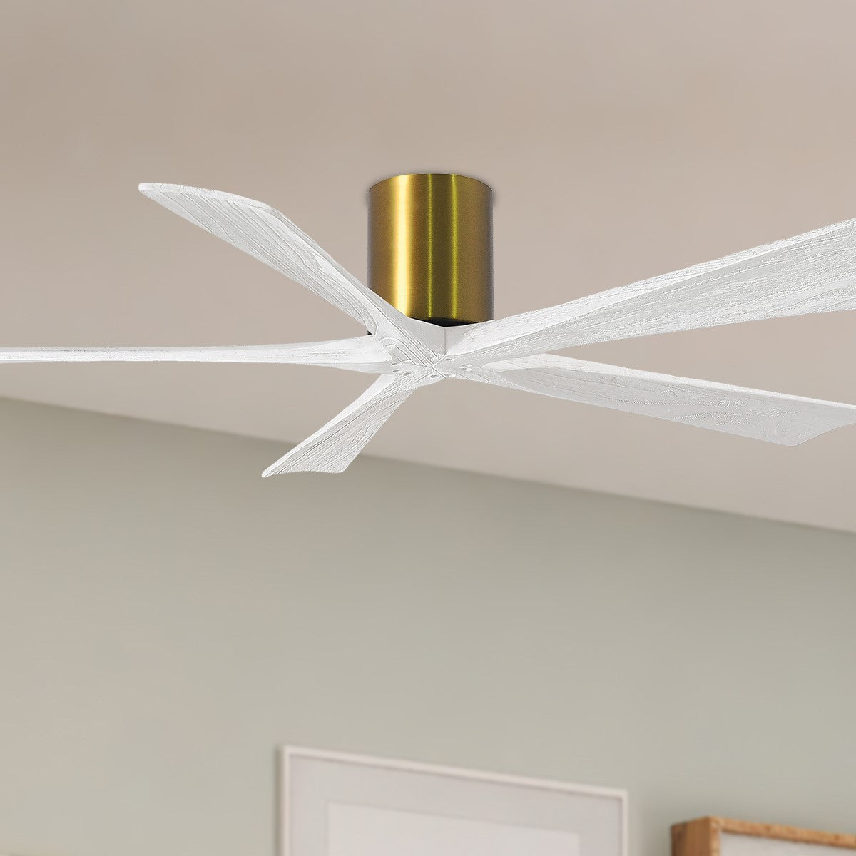 Irene 5-Blade 60 Inch Hugger Ceiling Fan with Remote, Brushed Brass with Matte White Blades - Bees Lighting
