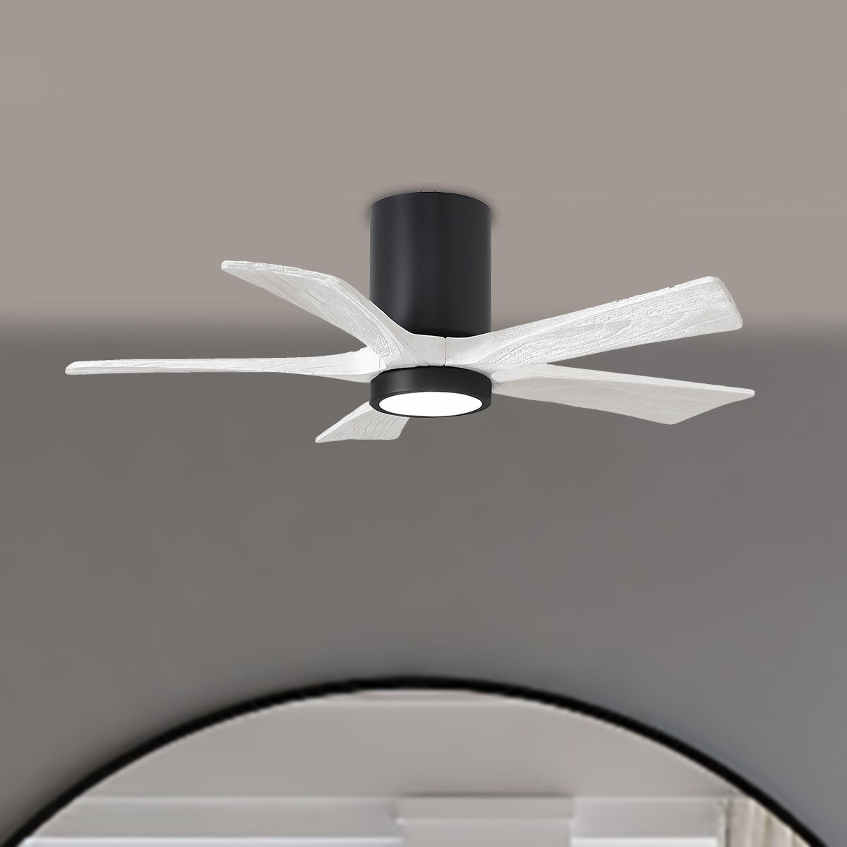 Irene 5-Blade 42 Inch LED Hugger Ceiling Fan with Remote, Matte Black with Matte White Blades - Bees Lighting