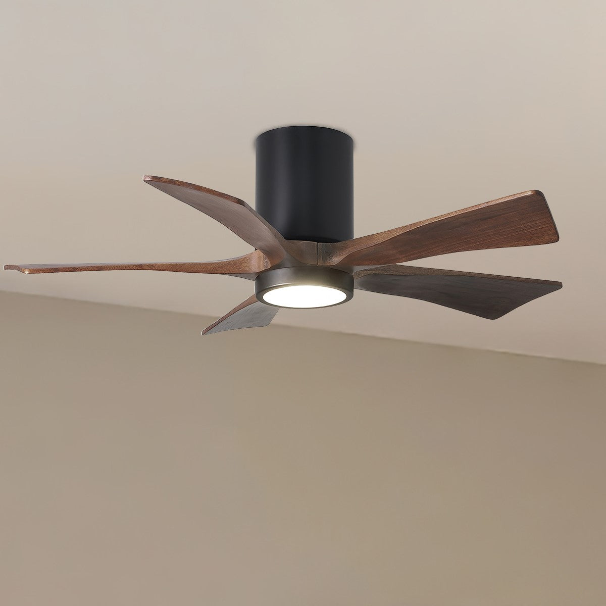 Irene 5-Blade 42 Inch LED Hugger Ceiling Fan with Remote, Matte Black with Walnut Blades - Bees Lighting