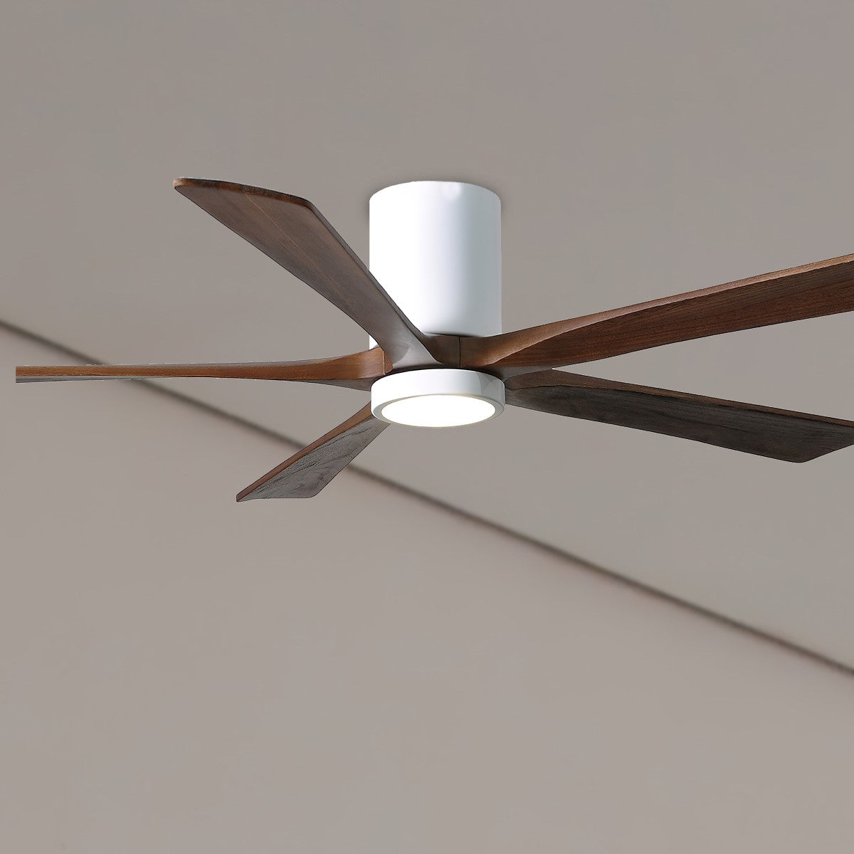 Irene 5-Blade 60 Inch LED Hugger Ceiling Fan with Remote, Gloss White with Walnut Blades