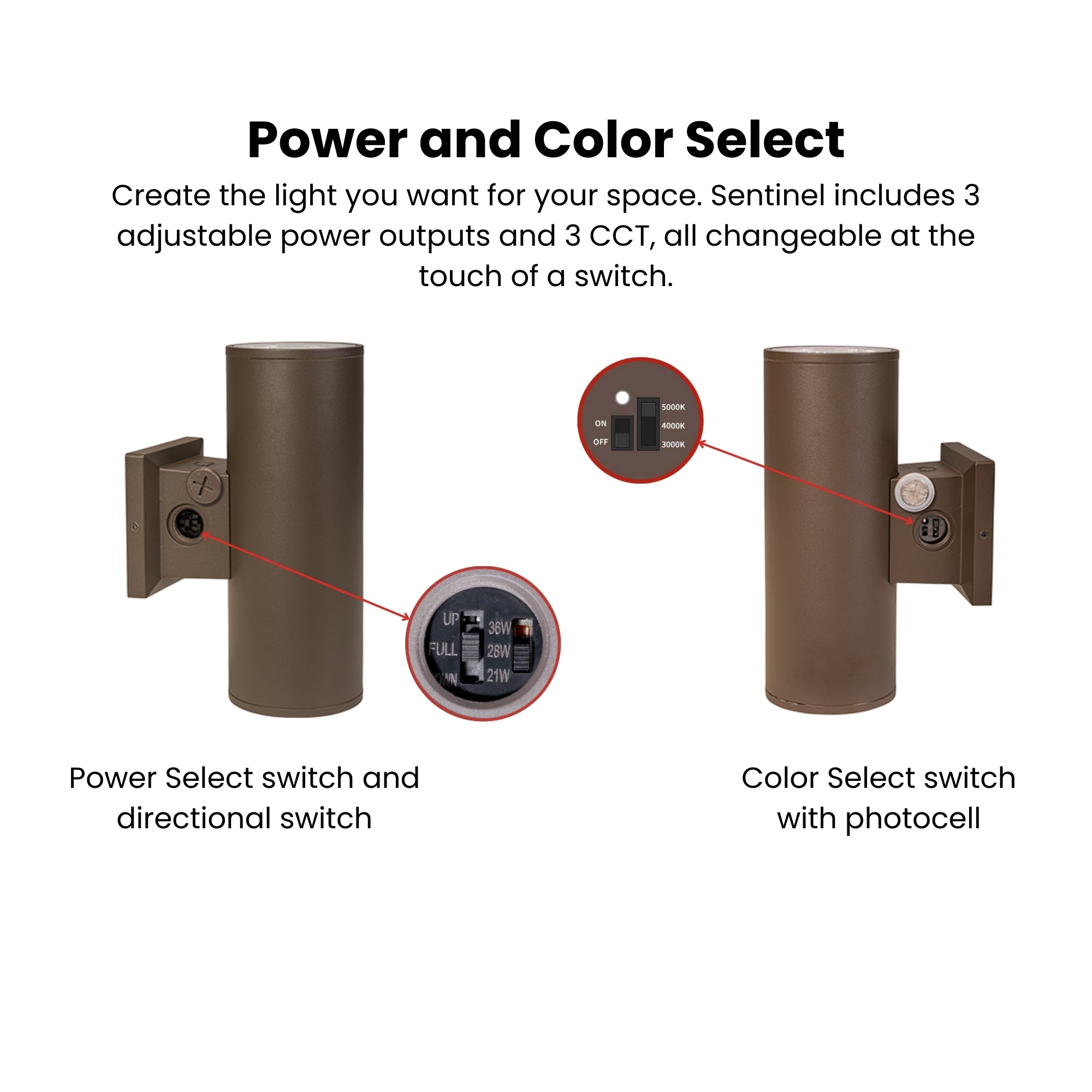 4" LED Cylinder Wall Light, 20W, 2050 Lumens, 30K/40K/50K, 120-277V, Bronze