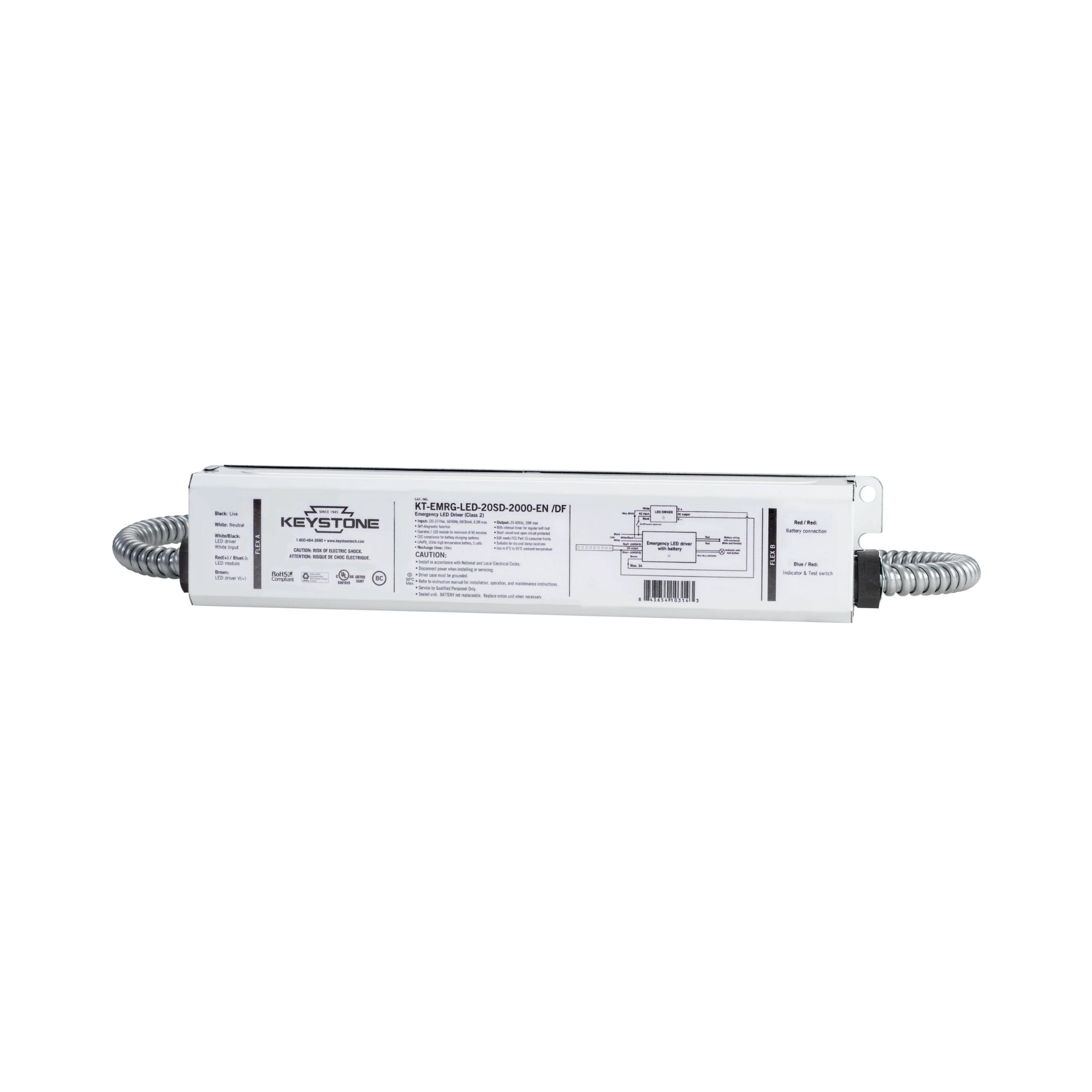 20W LED Emergency Driver, 20-60V DC Output, Dual Flex