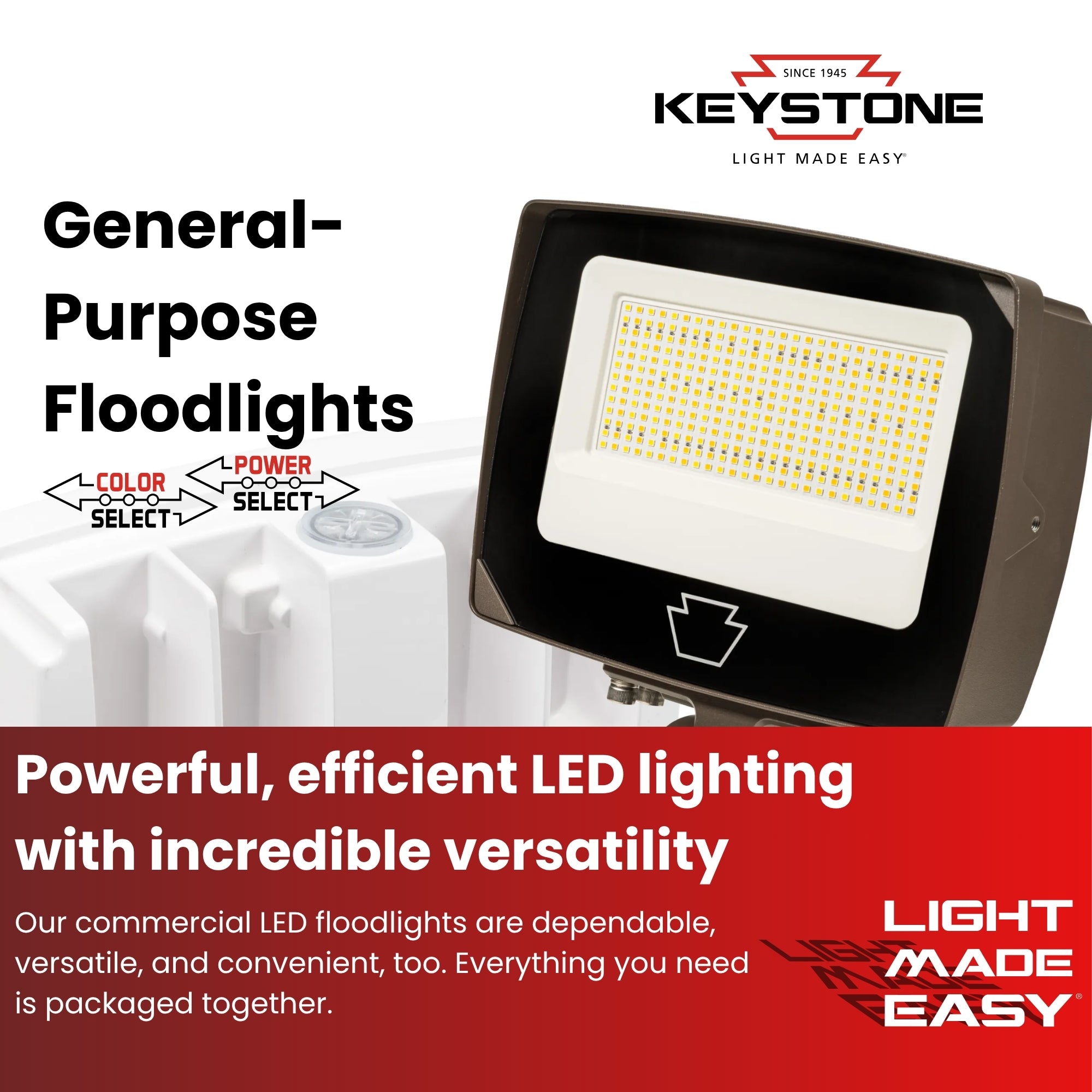 Keystone BAU-35 15W Selectable LED Flood Light 2,250 Lumens 9-15W Selectable 30K/40K/50K Knuckle & Yoke Mount Photocell 120-277V White