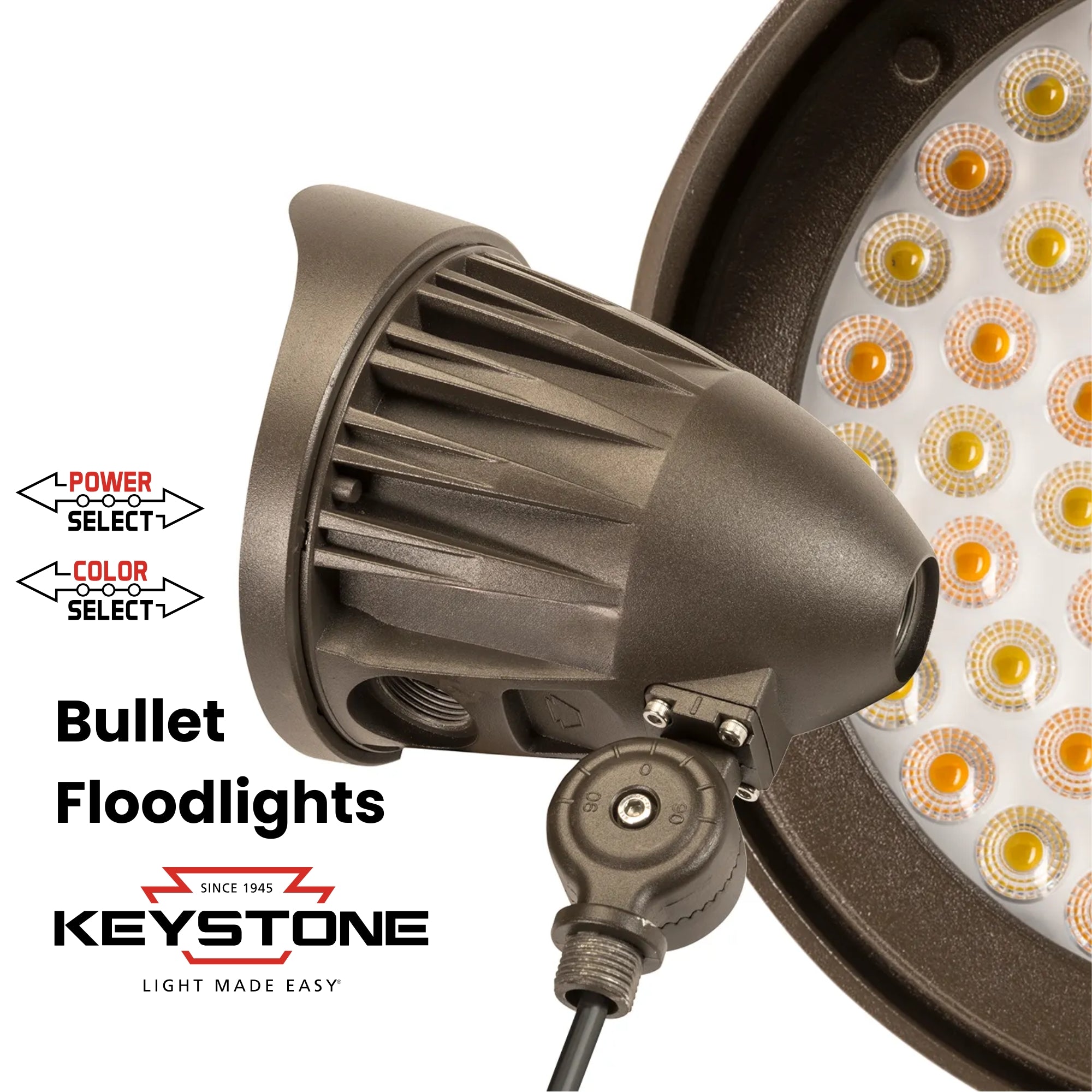 Keystone KT-FLED25 Selectable LED Bullet Flood Light 3,290 Lumens 15-25W Selectable 30K/40K/50K Knuckle Mount Photocell 120-277V White