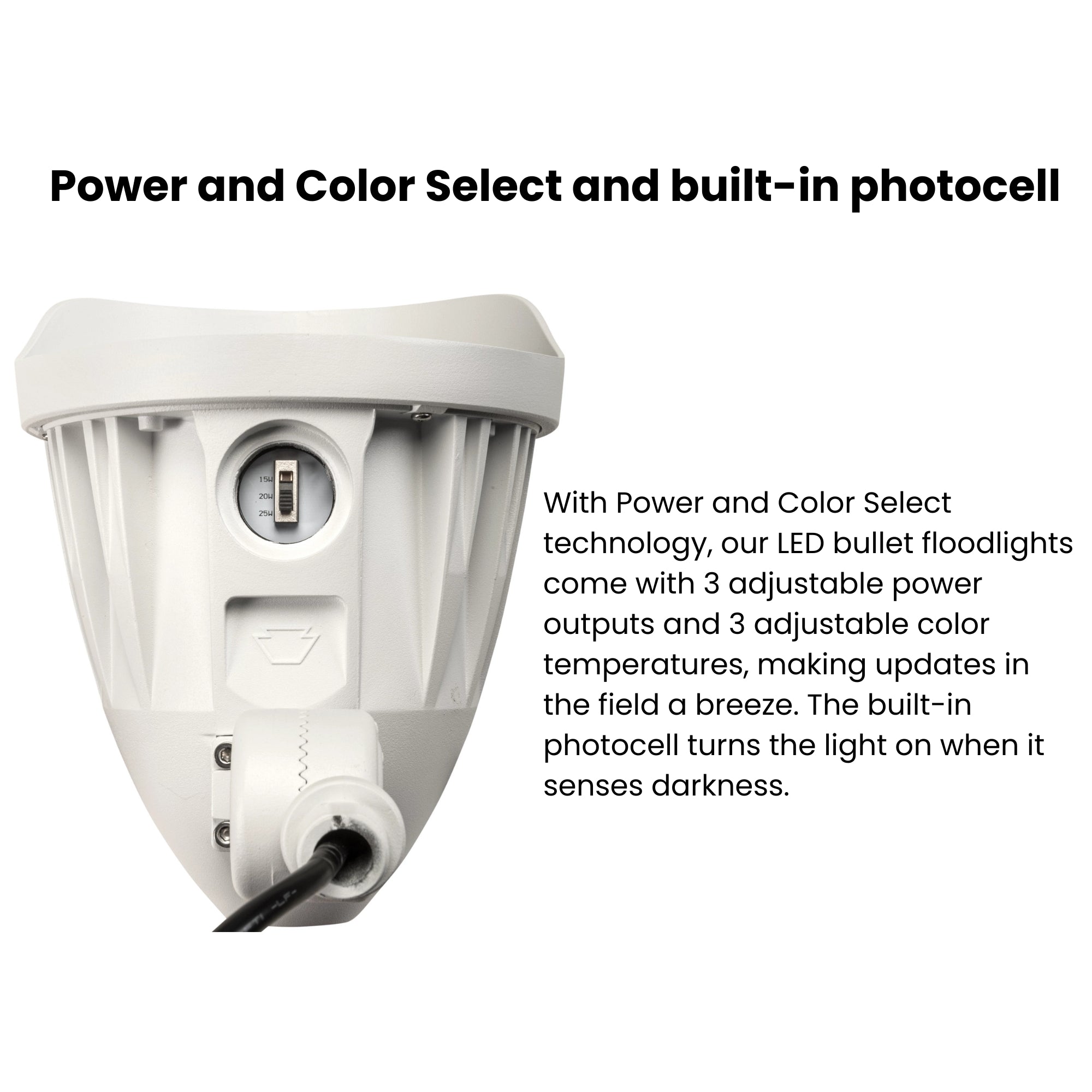 Keystone KT-FLED25 Selectable LED Bullet Flood Light 3,290 Lumens 15-25W Selectable 30K/40K/50K Knuckle Mount Photocell 120-277V White