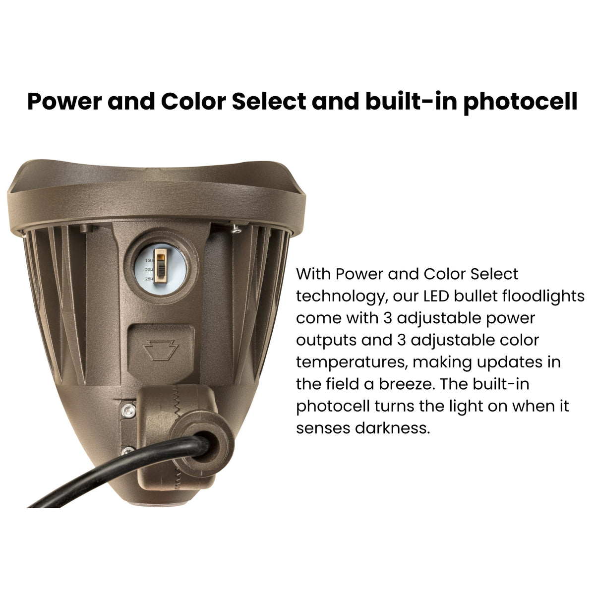 Keystone KT-FLED25 Selectable LED Bullet Flood Light 3,290 Lumens 15-25W Selectable 30K/40K/50K Knuckle Mount Photocell 120-277V Bronze