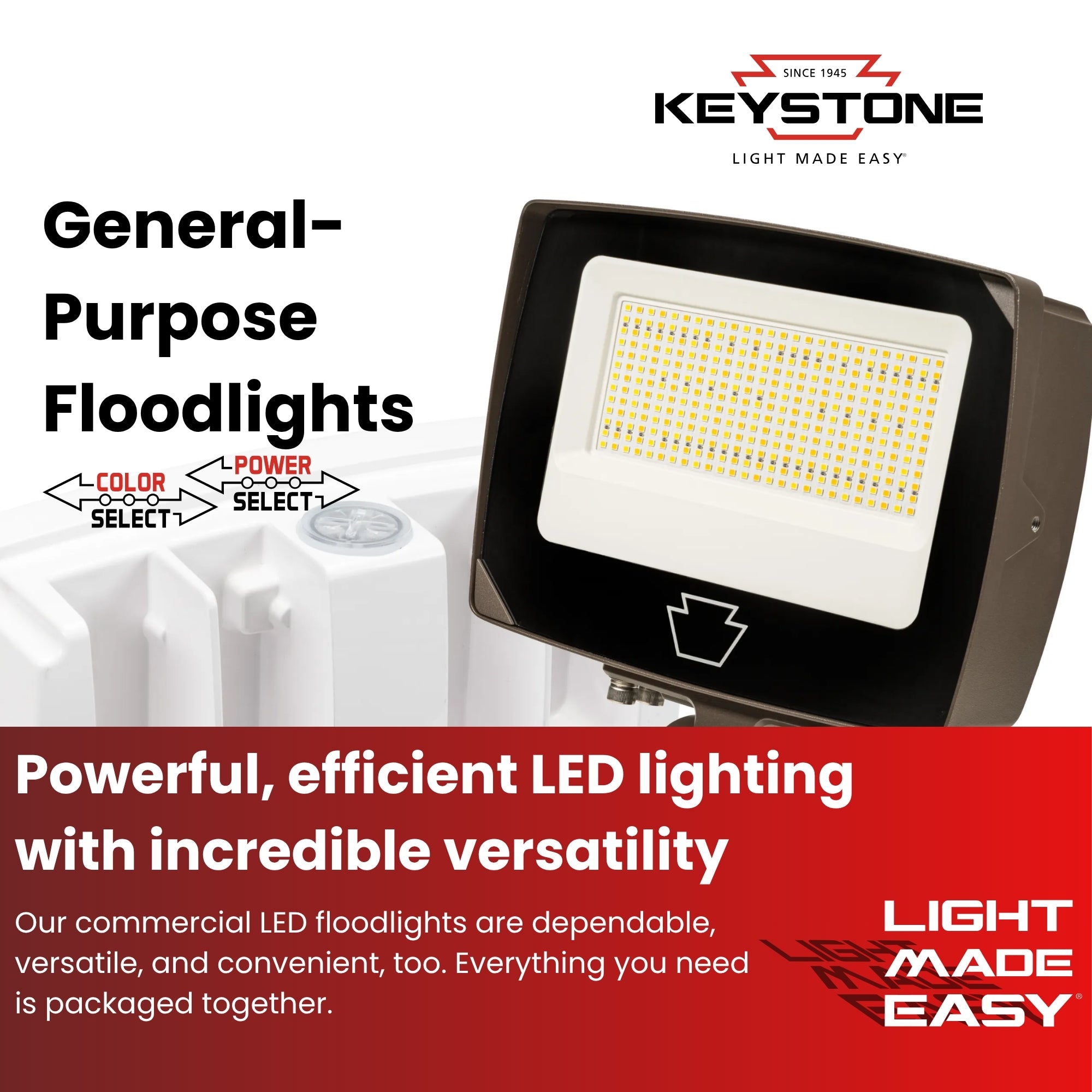 Keystone XET-23 75W Selectable LED Flood Light 11,250 Lumens 45-75W Selectable 30K/40K/50K Slipfitter & Trunnion Mount Photocell 120-277V White