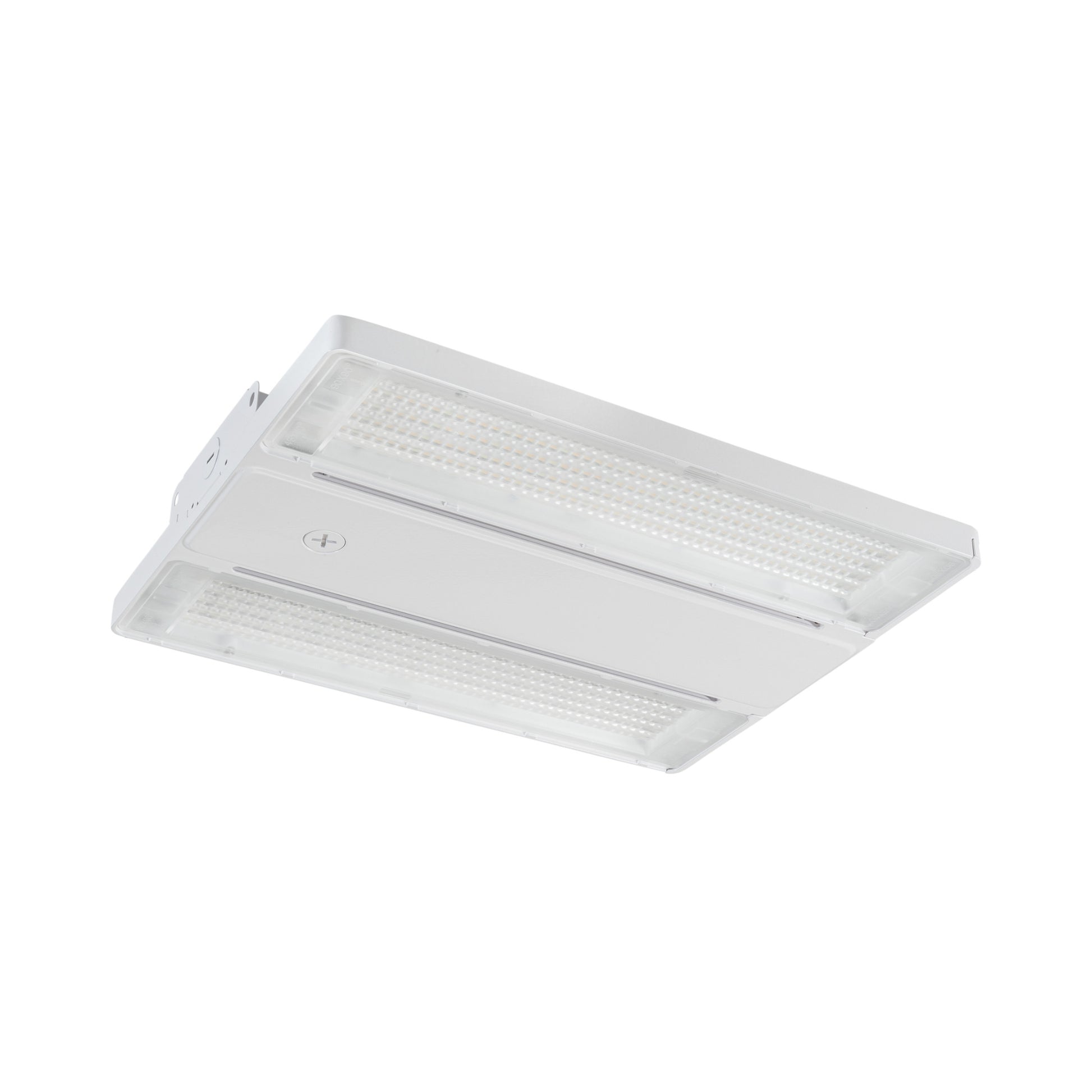 Keystone Technologies KT-HBLED150PS-1H-OSC-8CSD-VDIM-G3 Keystone OpticSwap 1FT Linear High Bay 25500 Lumens Selectable 150W/120W/90W Selectable CCT 120-277V Suspended Mount - White rectangular LED high bay light with clear lensed panels and metal housing for commercial lighting.