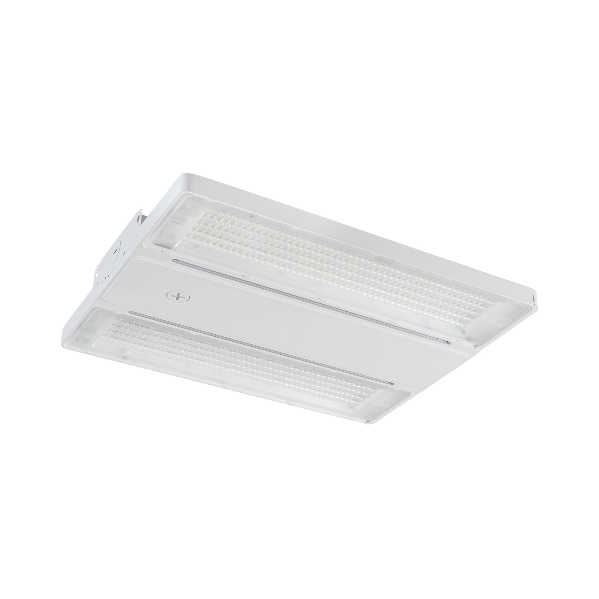 Keystone Technologies KT-HBLED150PS-1H-OSC-8CSD-VDIM-G3 Keystone OpticSwap 1FT Linear High Bay 25500 Lumens Selectable 150W/120W/90W Selectable CCT 120-277V Suspended Mount - White rectangular LED high bay light with clear lensed panels and metal housing for commercial lighting.