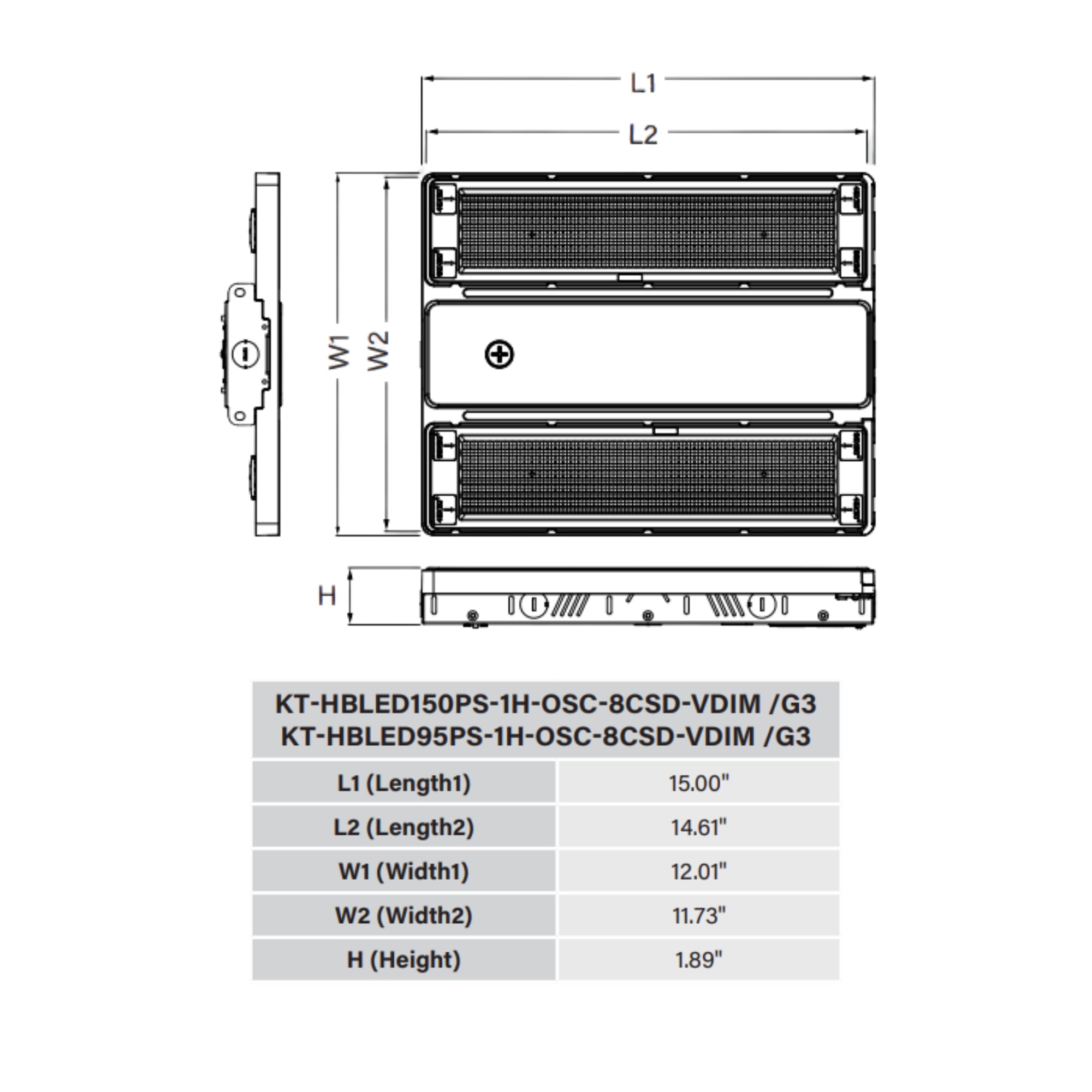 Keystone Technologies KT-HBLED150PS-1H-OSC-8CSD-VDIM-G3 Keystone OpticSwap 1FT Linear High Bay 25500 Lumens Selectable 150W/120W/90W Selectable CCT 120-277V Suspended Mount - White rectangular LED high bay light with adjustable black optics panels and slim profile, 1-foot length for commercial and.