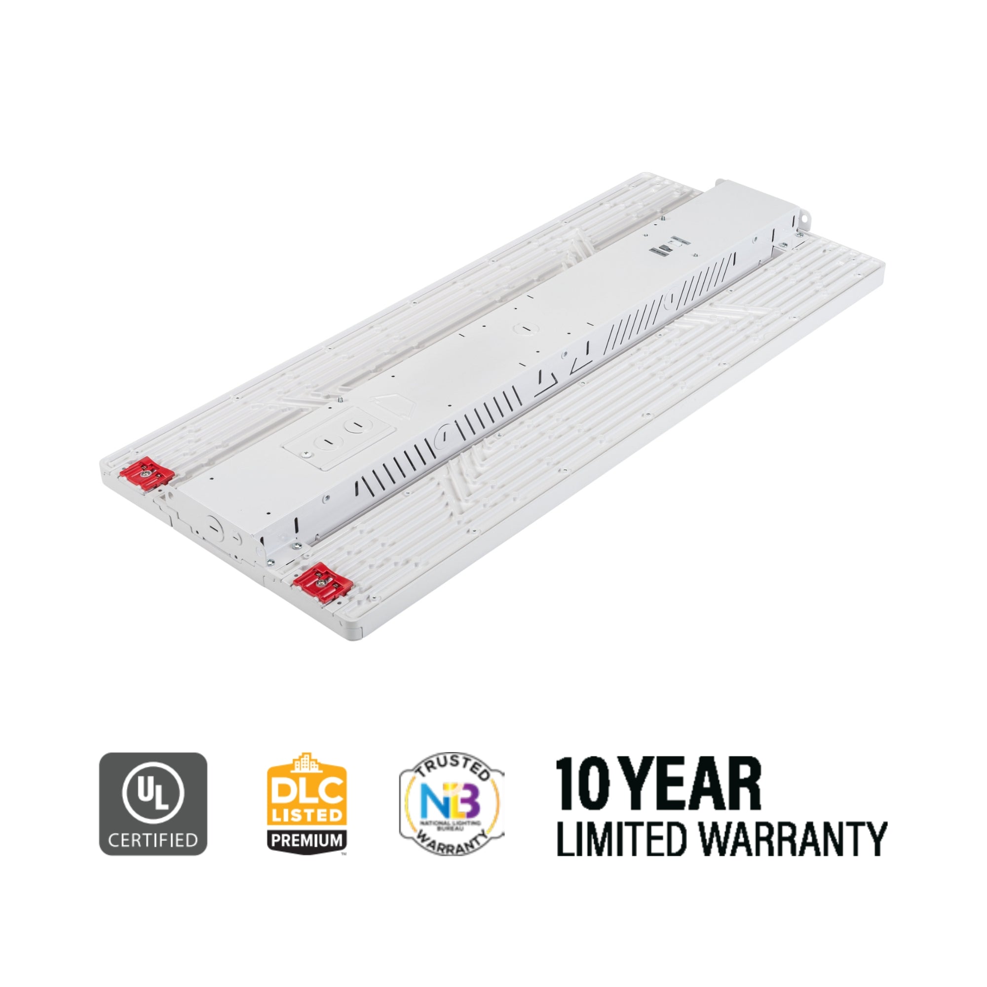 Keystone Technologies KT-HBLED400PS-3H-OSC-8CSD-VDIM-G3 Keystone OpticSwap 3FT Linear High Bay 64000 Lumens Selectable 400W/320W/240W Selectable CCT 120-277V Suspended Mount - White rectangular LED high bay light with adjustable optics and linear vented design.