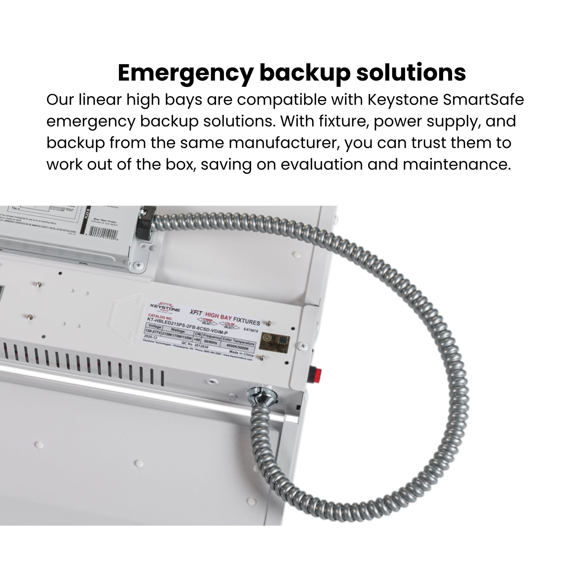 Keystone Technologies KT-HBLED400PS-3H-OSC-8CSD-VDIM-G3 Keystone OpticSwap 3FT Linear High Bay 64000 Lumens Selectable 400W/320W/240W Selectable CCT 120-277V Suspended Mount - White rectangular LED high bay light with metal housing, flexible conduit, and ventilation slots for industrial use.